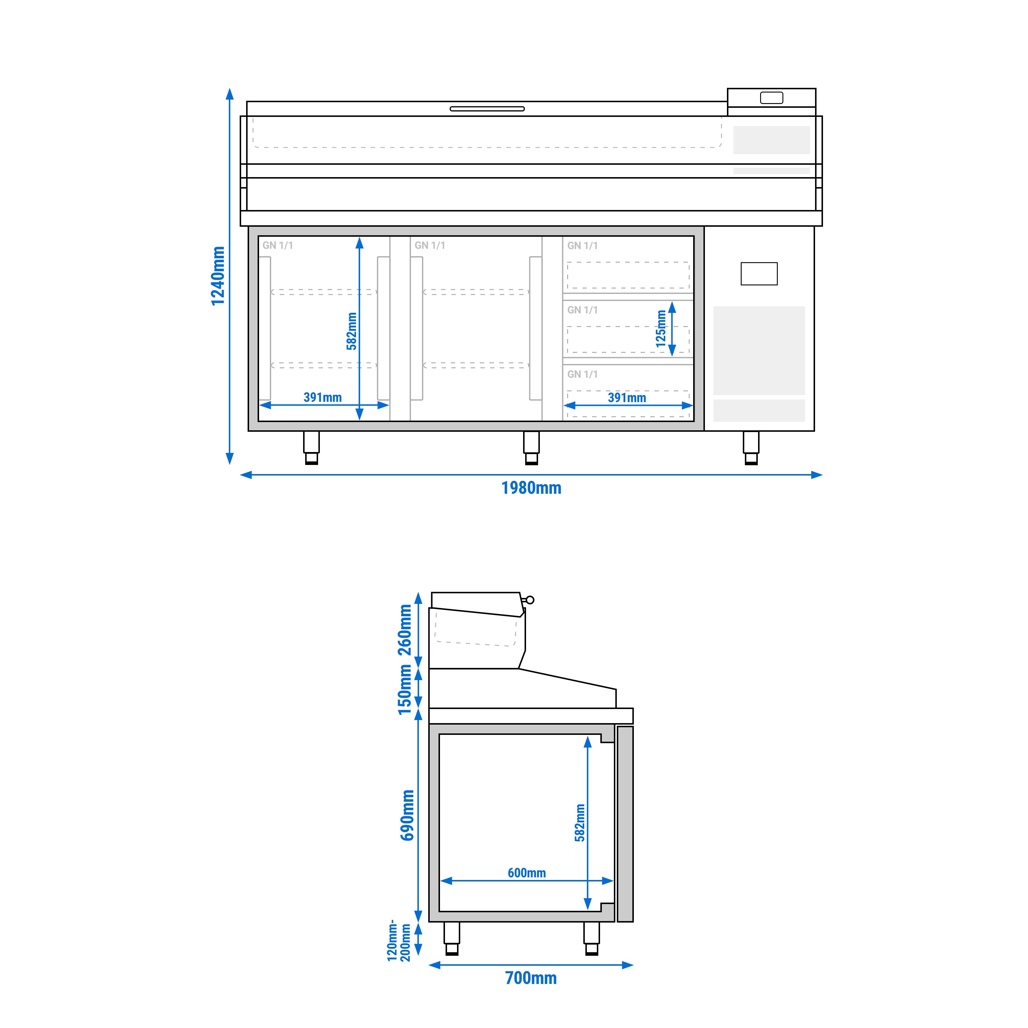 Table réfrigérée à pizza Premium PLUS - 1980x700 mm - avec 2 portes & 3 tiroirs - incl. vitrine réfrigérée - 9x GN 1/4