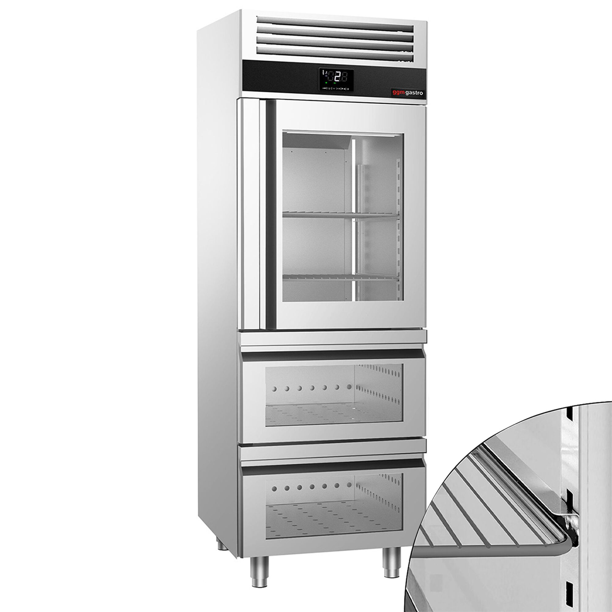 Armoire réfrigérée vitrée positive Inox AISI 304 PREMIUM - GN 2/1 - 700 L - avec 1 porte vitrée & 2 tiroirs & Glissières GN & 2 grilles GN 2/1