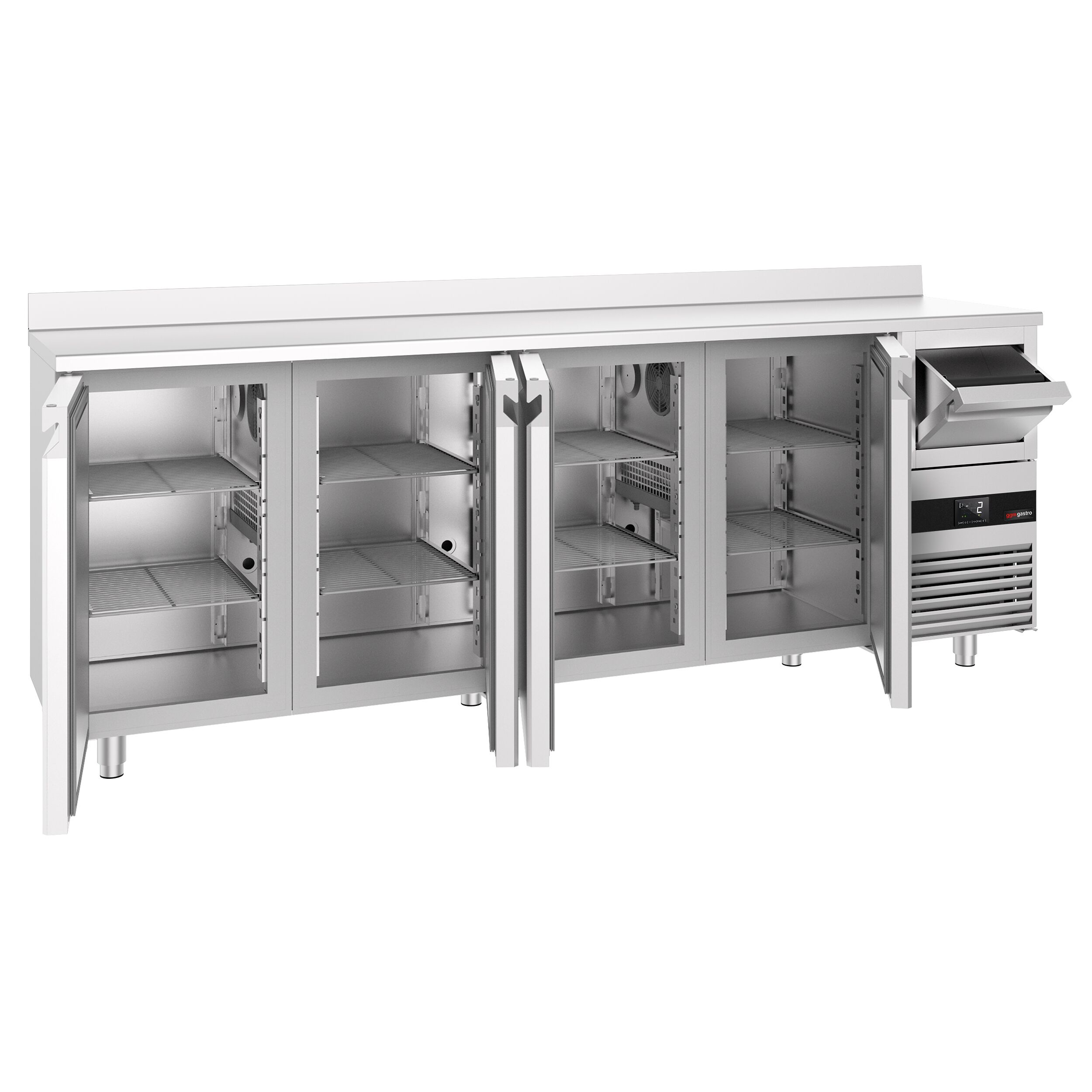 Arrière-bar réfrigéré professionnel  PREMIUM - 2690 x 600 mm - avec 4 portes - avec dosseret - avec tiroir à marc de café