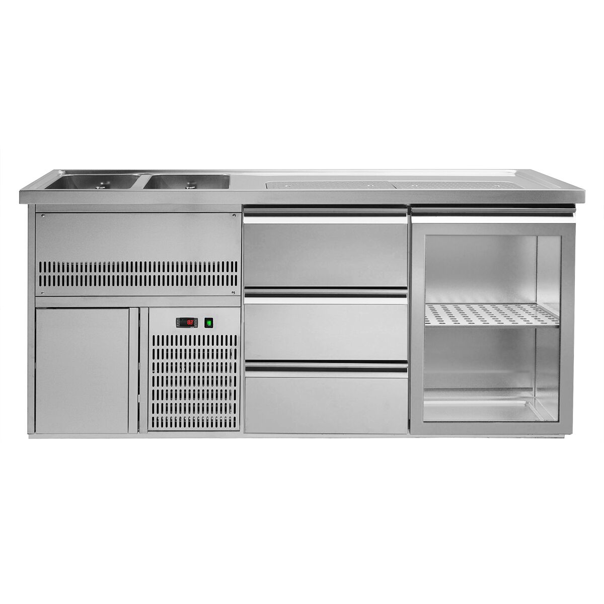 Comptoir à bière Premium PLUS – 1950 × 700 mm – 1 porte vitrée & 3 tiroirs