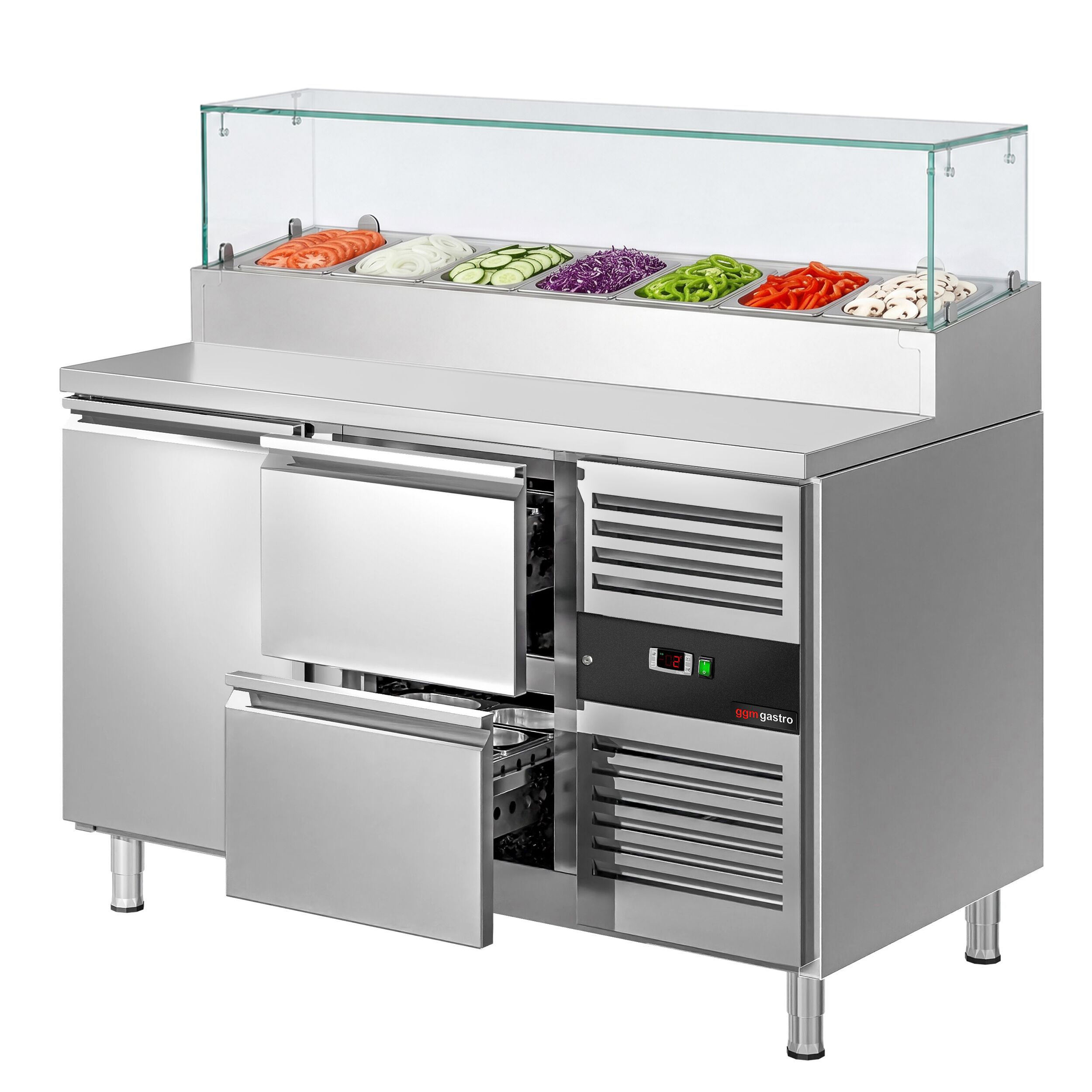 Zubereitungstisch PREMIUM - 1360mm - 1 Tür & 2 Schubladen - mit Glasaufsatz - für 7x GN 1/3