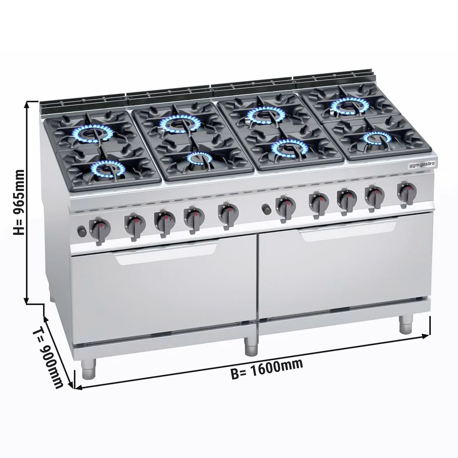 Fourneau à gaz – 69 kW – 8 brûleurs – avec 2 fours à gaz – 2 × 7,6 kW