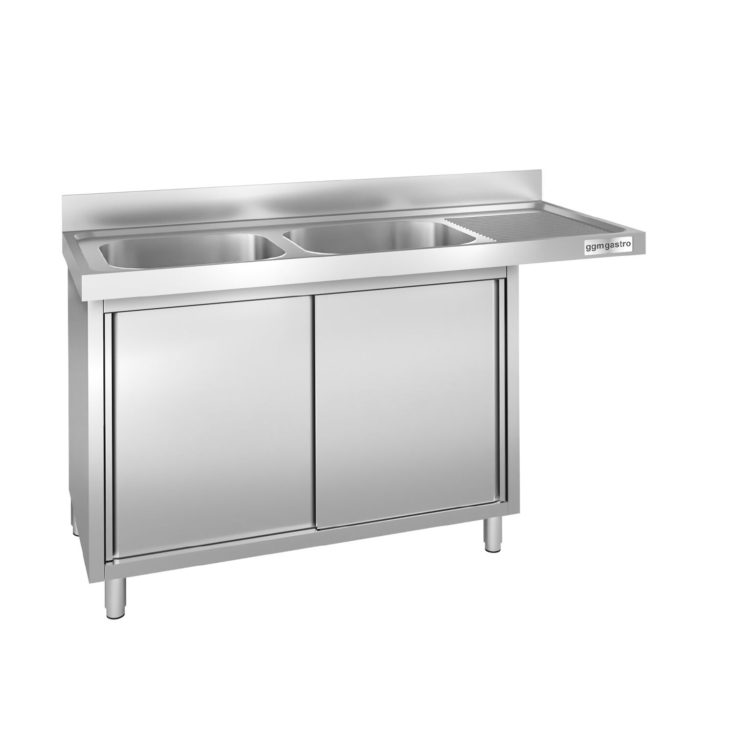 Plonge inox professionnelle PREMIUM - 1600x700mm - 2 bac(s) à gauche - avec égouttoir à droite - passage lave-vaisselle à droite