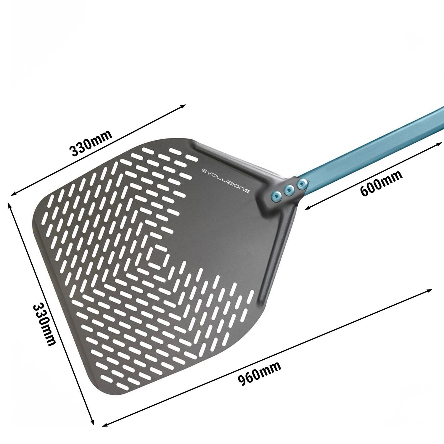 Pelle à pizza rectangulaire PREMIUM - EVOLUZIONE - Aluminium - 330x330mm - perforée - anodisation spéciale S.H.A. - manche 60cm