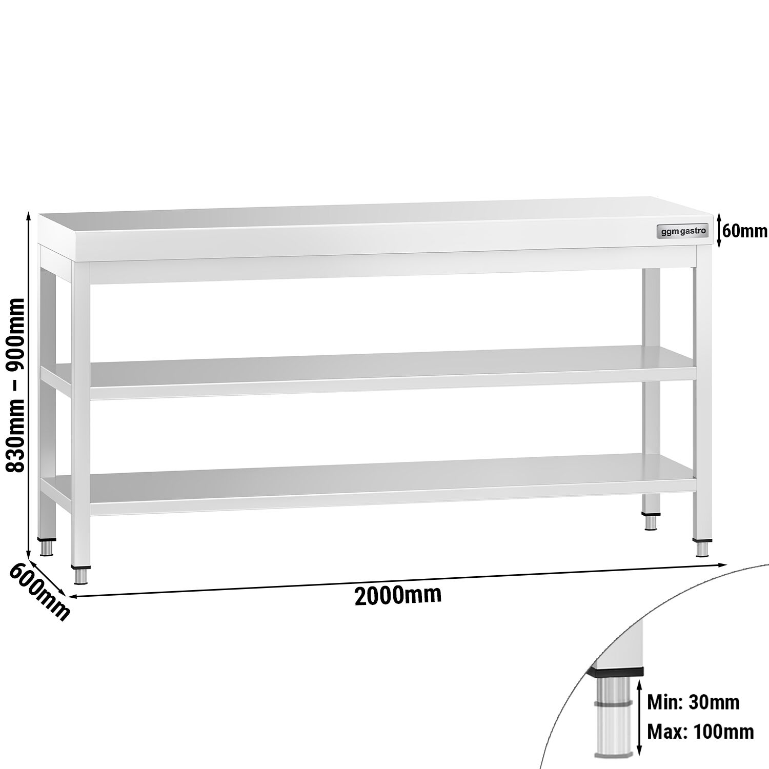 Table de travail inox PREMIUM - 2000 x 600 mm - avec tablette inférieure & Tablette intermédiaire