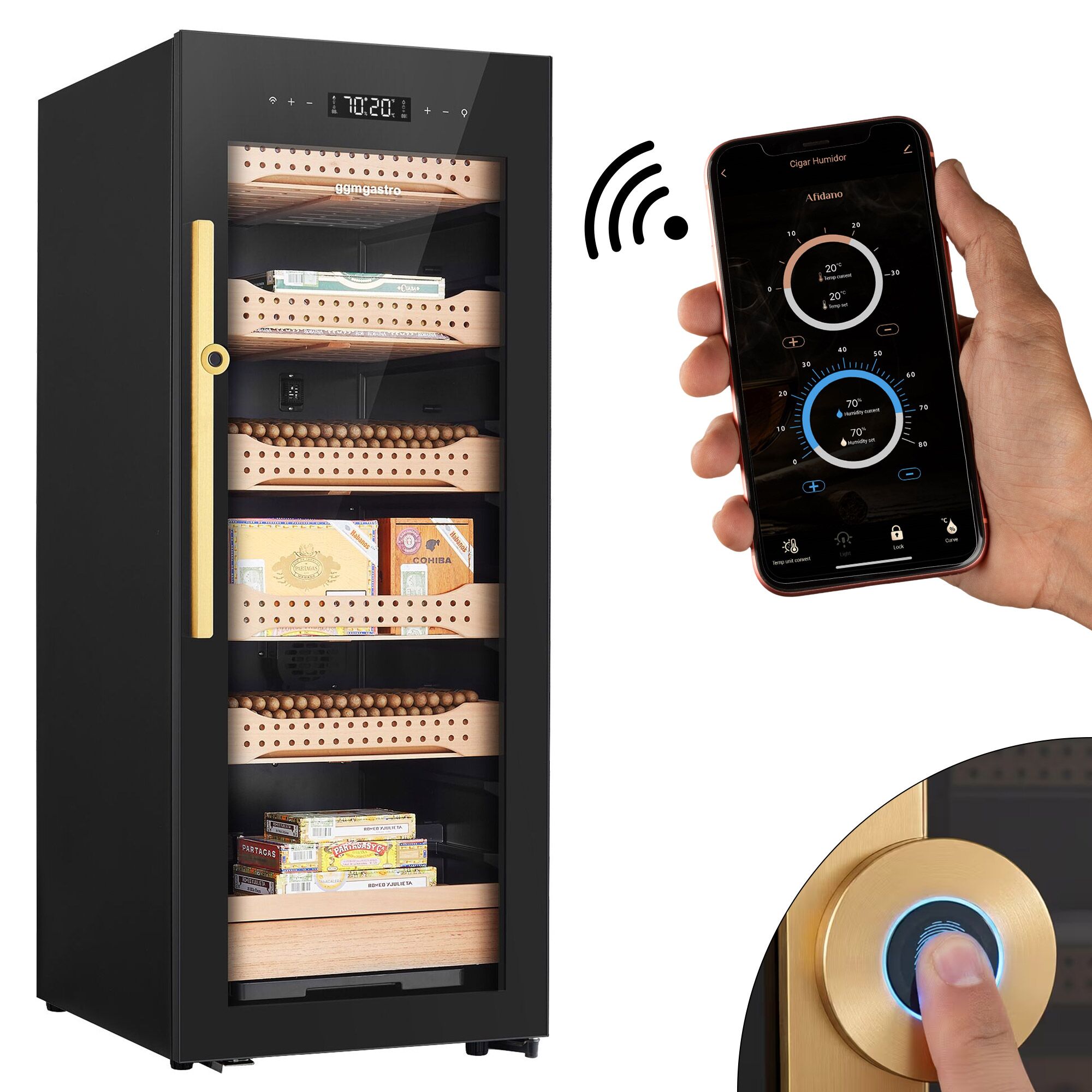 Armoire à Cigares Humidor avec Capteur d'Empreintes Digitales & Application de Contrôle - 200 Litres - pour 1200 Cigares - 6 Tiroirs