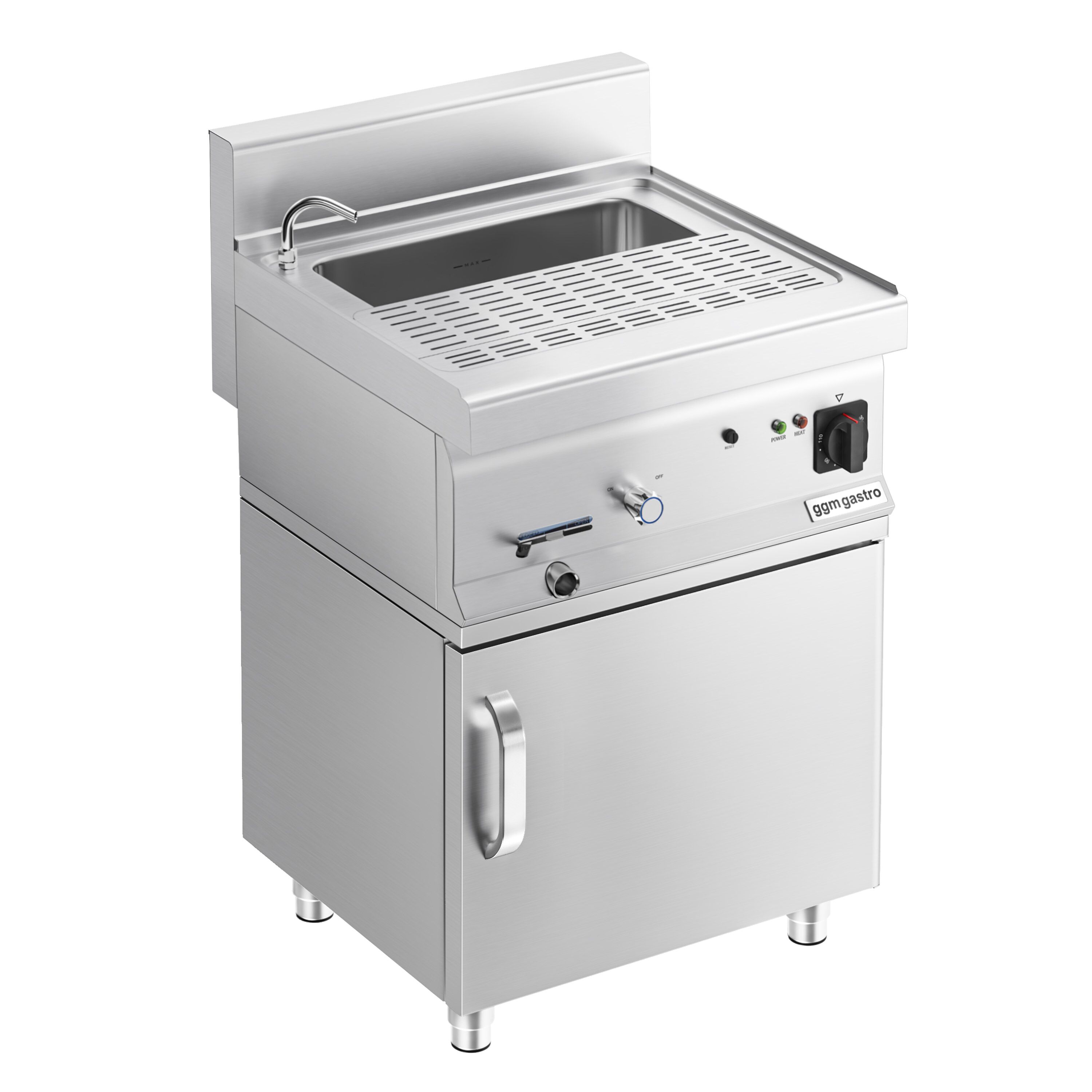 Cuiseur à pâtes électrique avec robinet – 28 L – 9 kW – incl. soubassement avec 2 portes