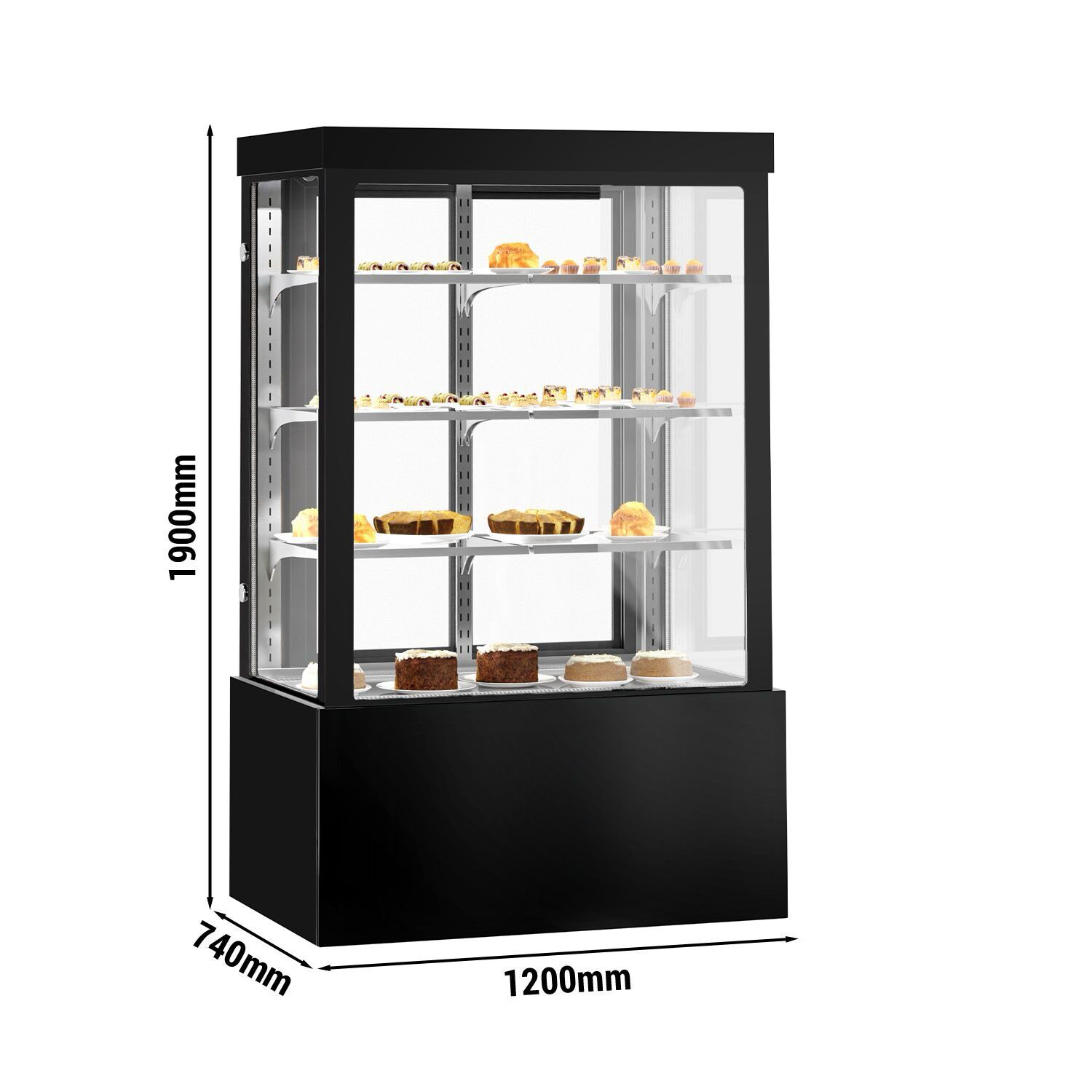 Kühl- & Kuchenvitrine - 1200mm - Doppelverglasung - mit 3 Ablagen & Spiegelfront - Schwarz