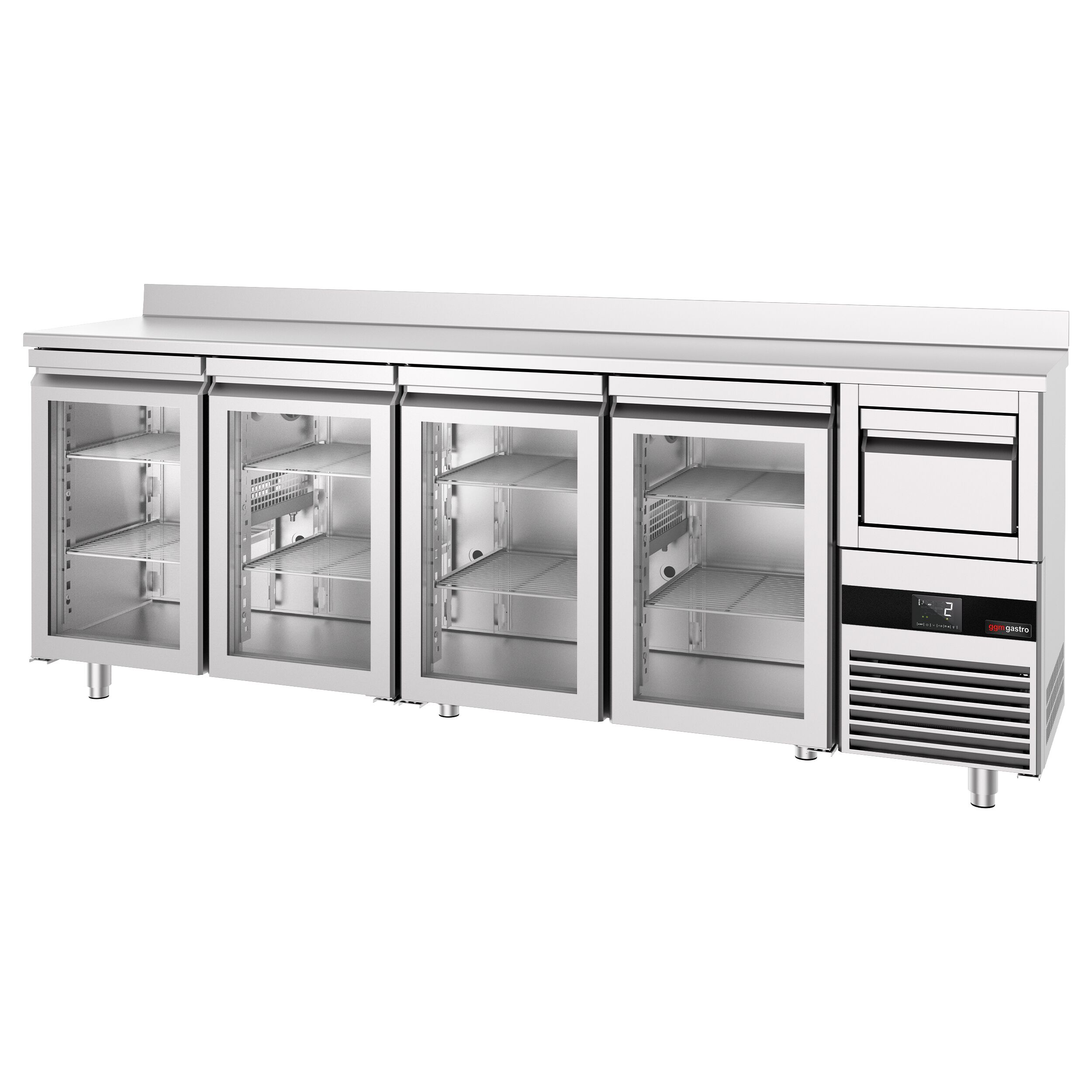 Commercial Back Bar Bottle Cooler PREMIUM - 2690x600mm - 710L - with 4 Hinged Glass Doors, upstand & knock box for coffee