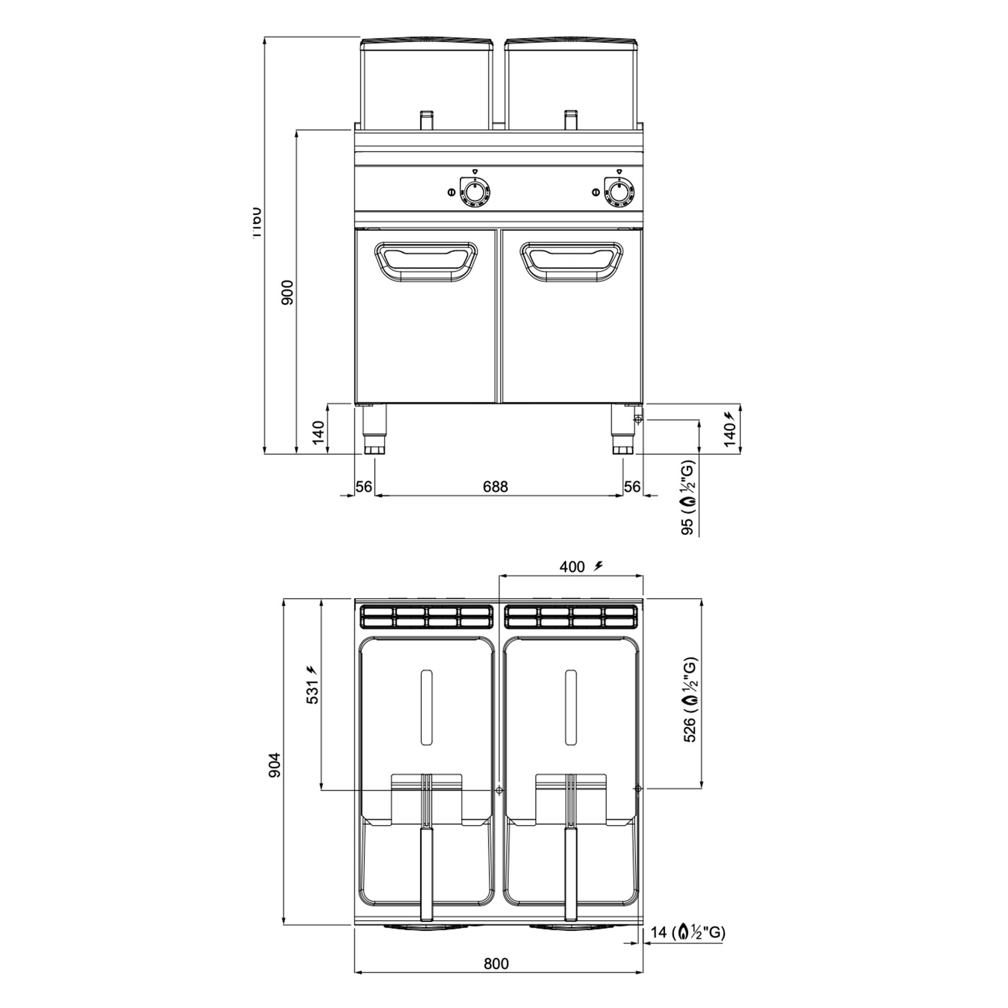 Friteuse à gaz double - 18 + 18 litres - 28 kW - chauffage indirect