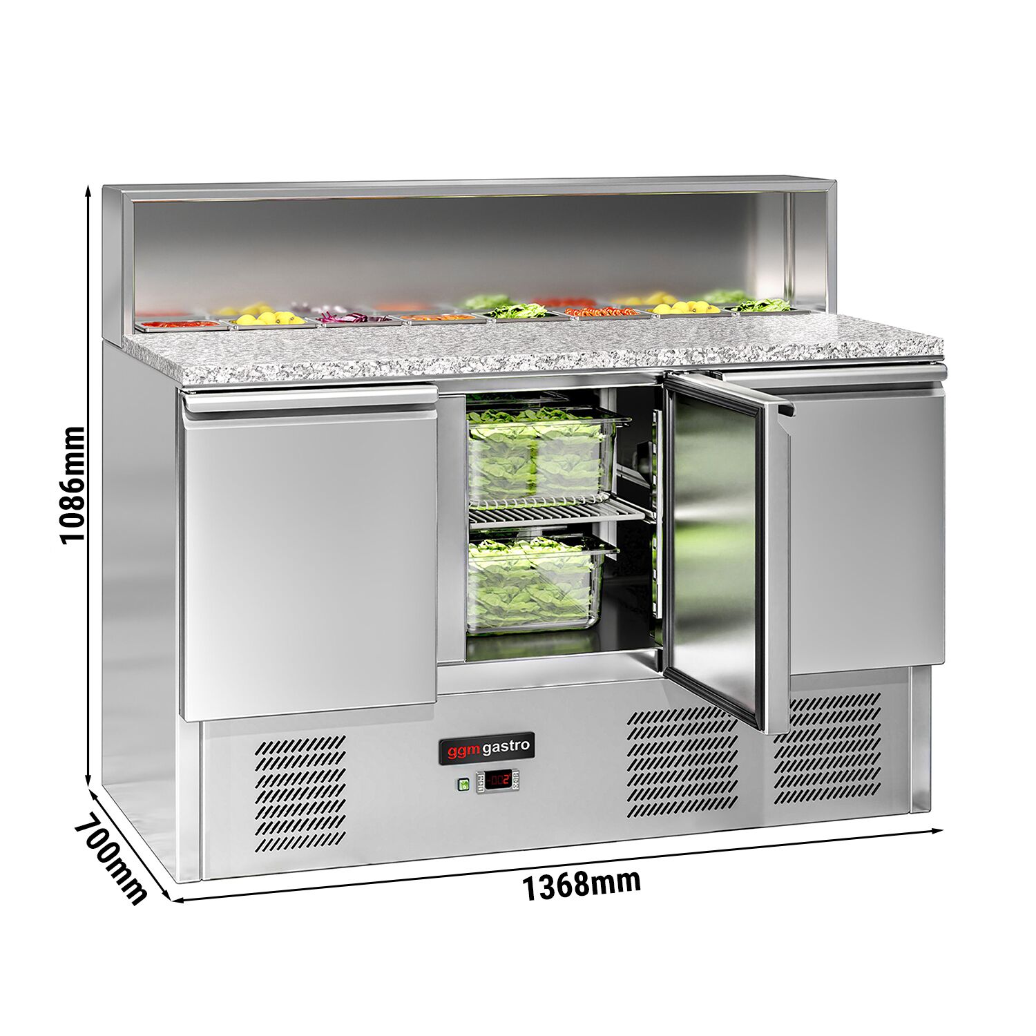 Saladette réfrigérée ECO - 1368mm - 402L - 3 portes - avec découpe pour 8x GN 1/6 & Couvercle inox - plan de travail en granit noir