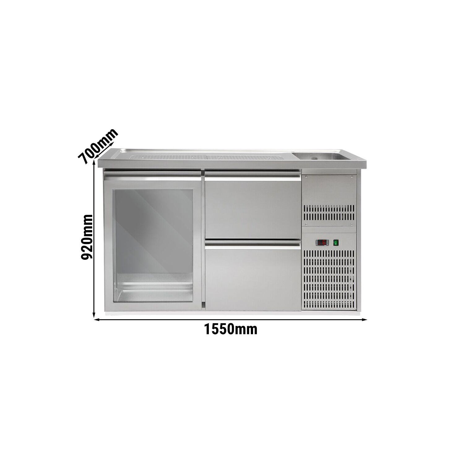 Comptoir de bar réfrigéré Premium PLUS – 1550 × 700 mm – 1 porte vitrée & 2 tiroirs