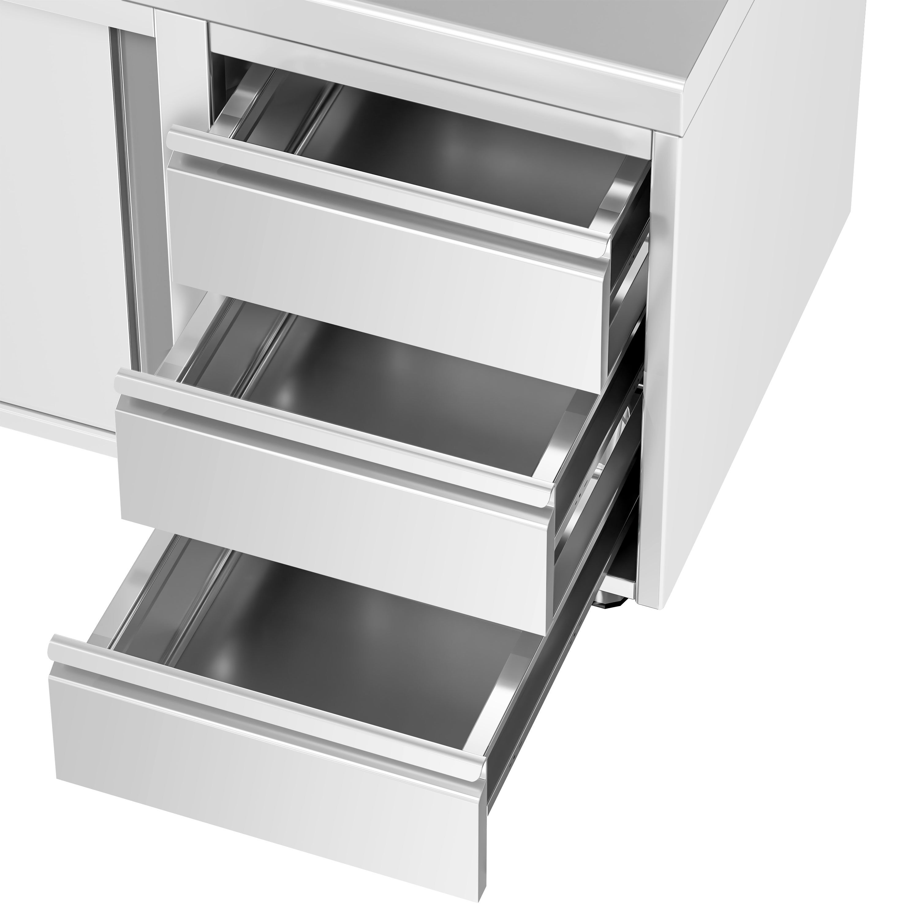Table armoire en acier inoxydable PREMIUM - 1400x600mm - avec 3 tiroirs à droite et portes coulissantes - avec dosseret