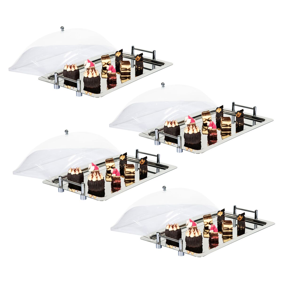 (4 pièces) Plateau GN 1/1 en inox – avec cloche transparente