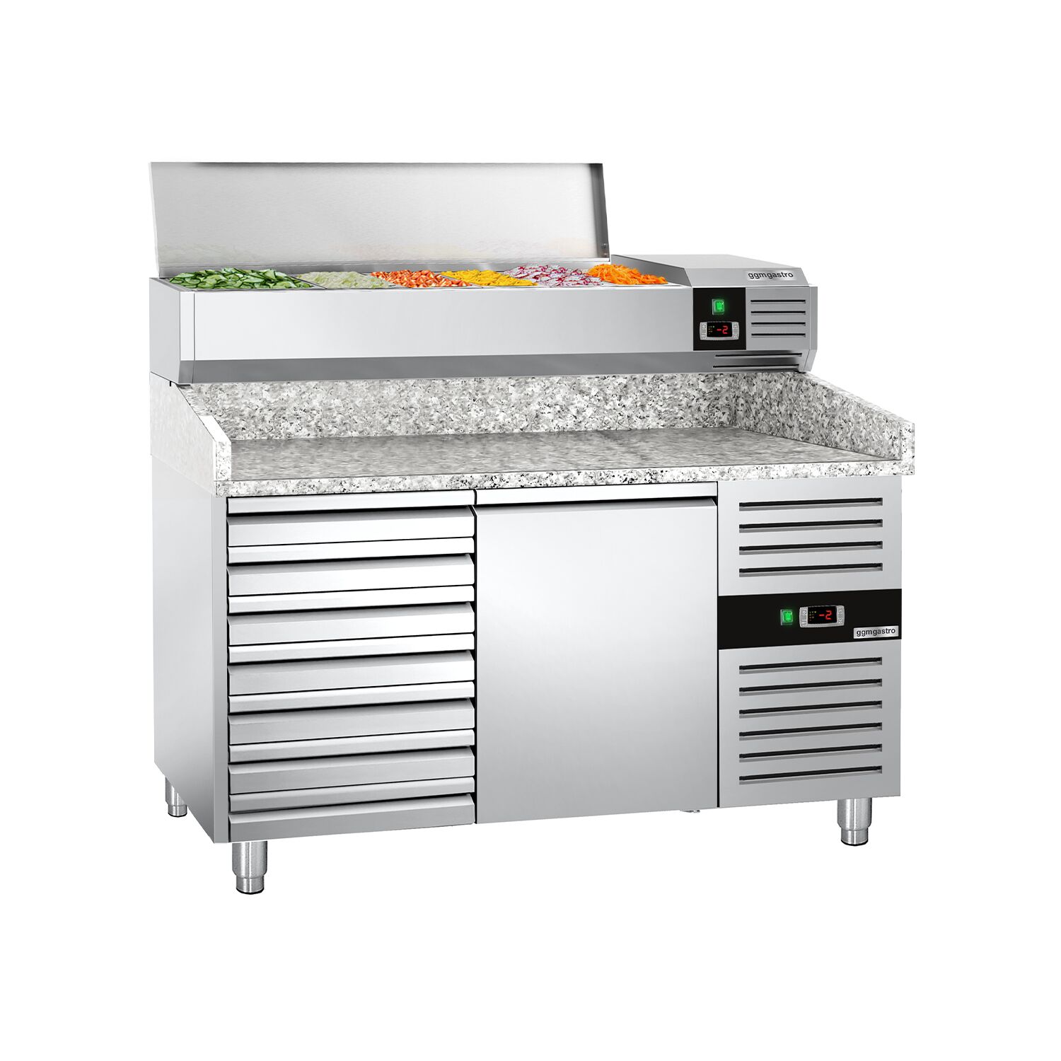 Table réfrigérée à pizza PREMIUM - 1500 x 800 mm - avec 1 porte et 7 tiroirs - incl. vitrine réfrigérée - 6 x GN 1/3