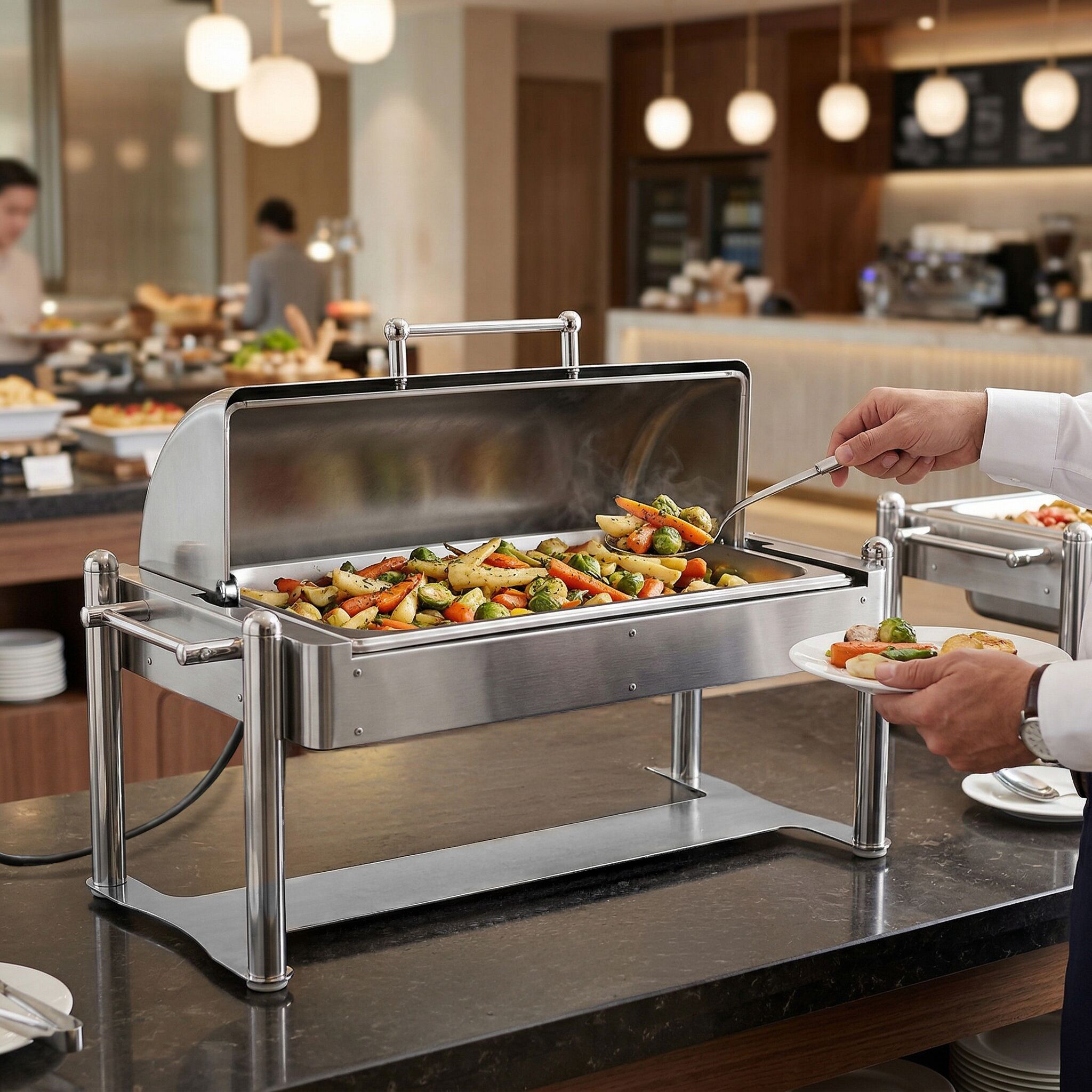 Chafing dish électrique - GN 1/1 - avec couvercle roll top - Finition chromée