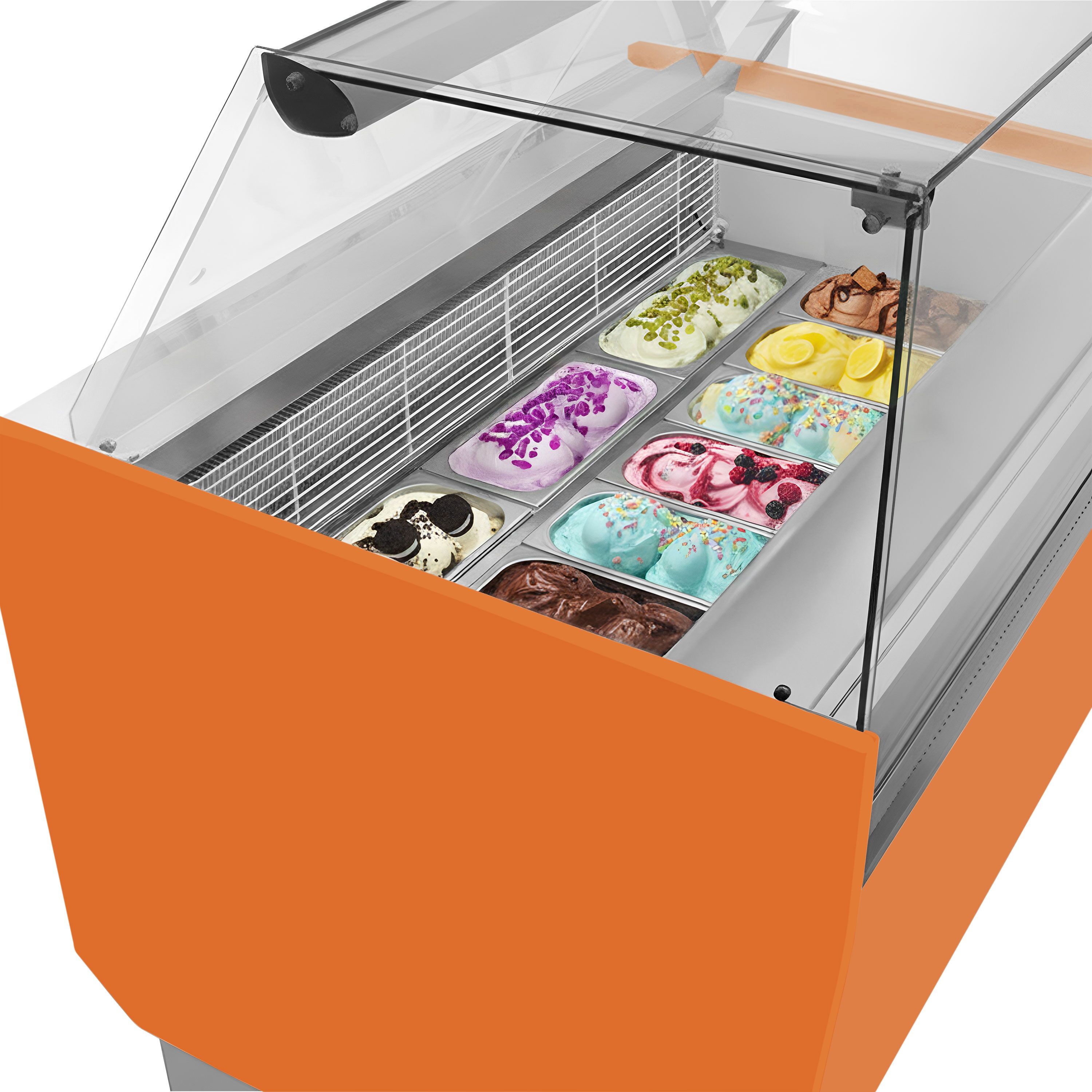 Vitrine à glace LIAM – 1310 mm – refroidissement statique – pour 10+10 bacs à glace de 5 litres – Orange