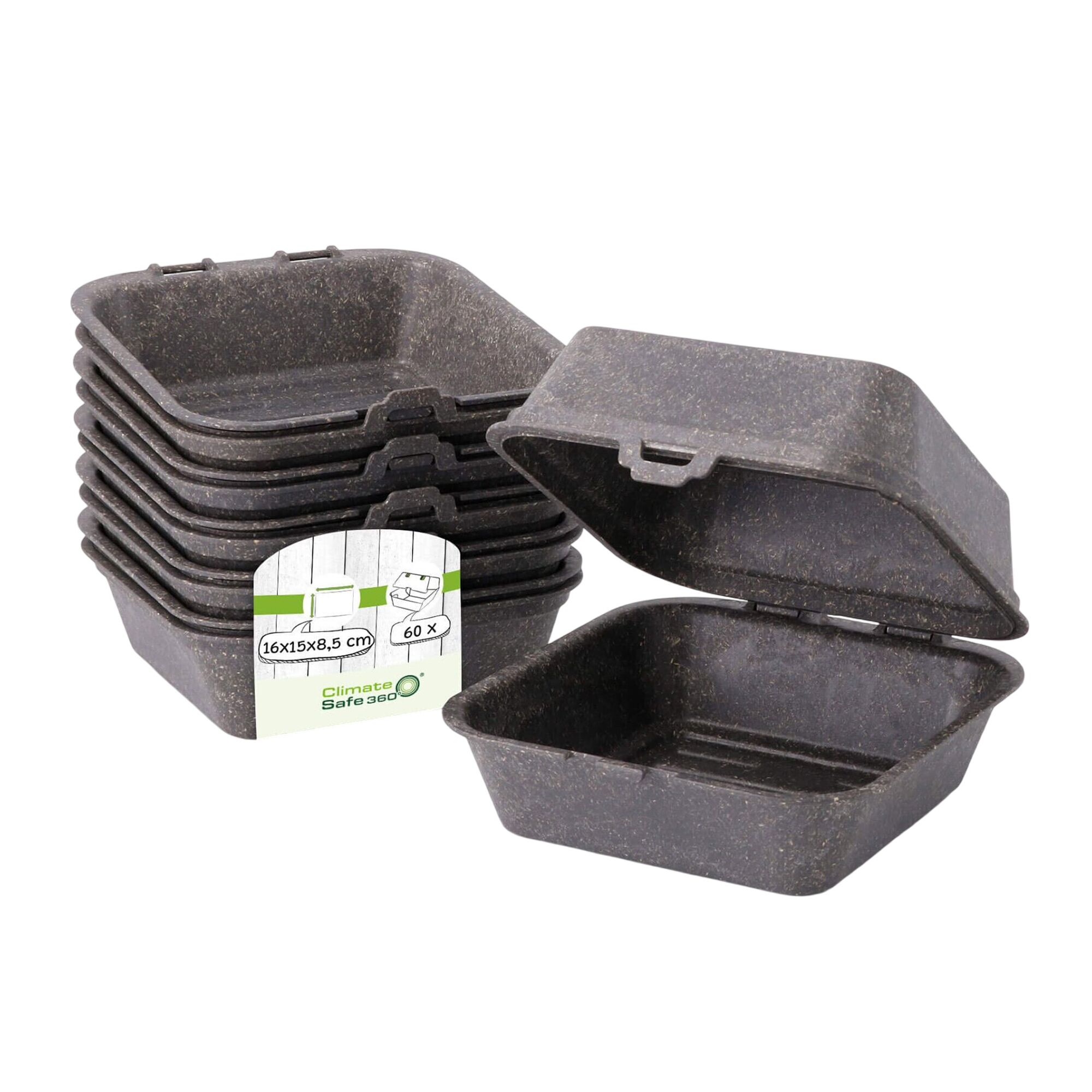 (60 pièces) Boîte à burger réutilisable - 157x148x84mm - couvercle à charnière - Gris