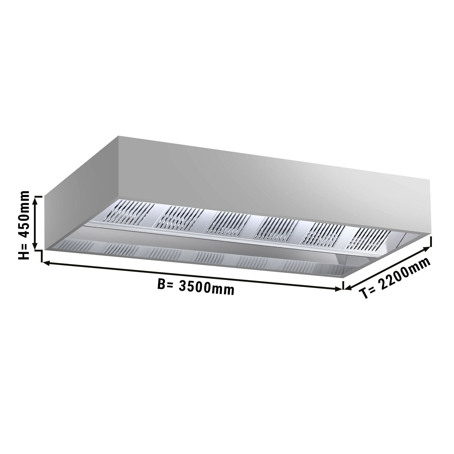 Campana de techo profesional con inducción de aire - 3500mm - sin motor - con filtros de lamas - LED - AISI 304 - bandeja recogegrasas