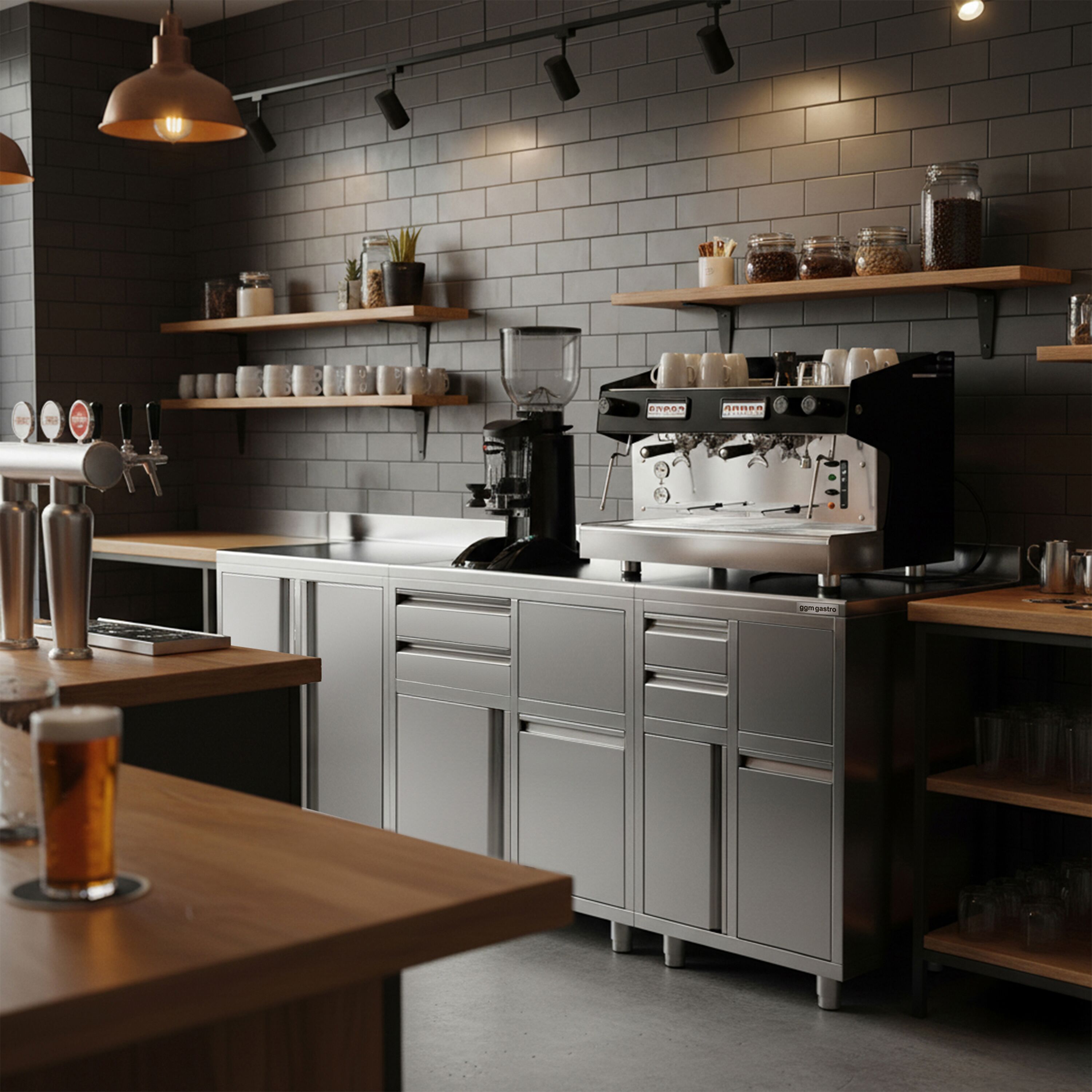 Armoire de travail PREMIUM pour machine à café filtre - 1400x600mm - avec dosseret - 4 tiroirs, 2 portes battantes, 2 tiroirs à marc de café