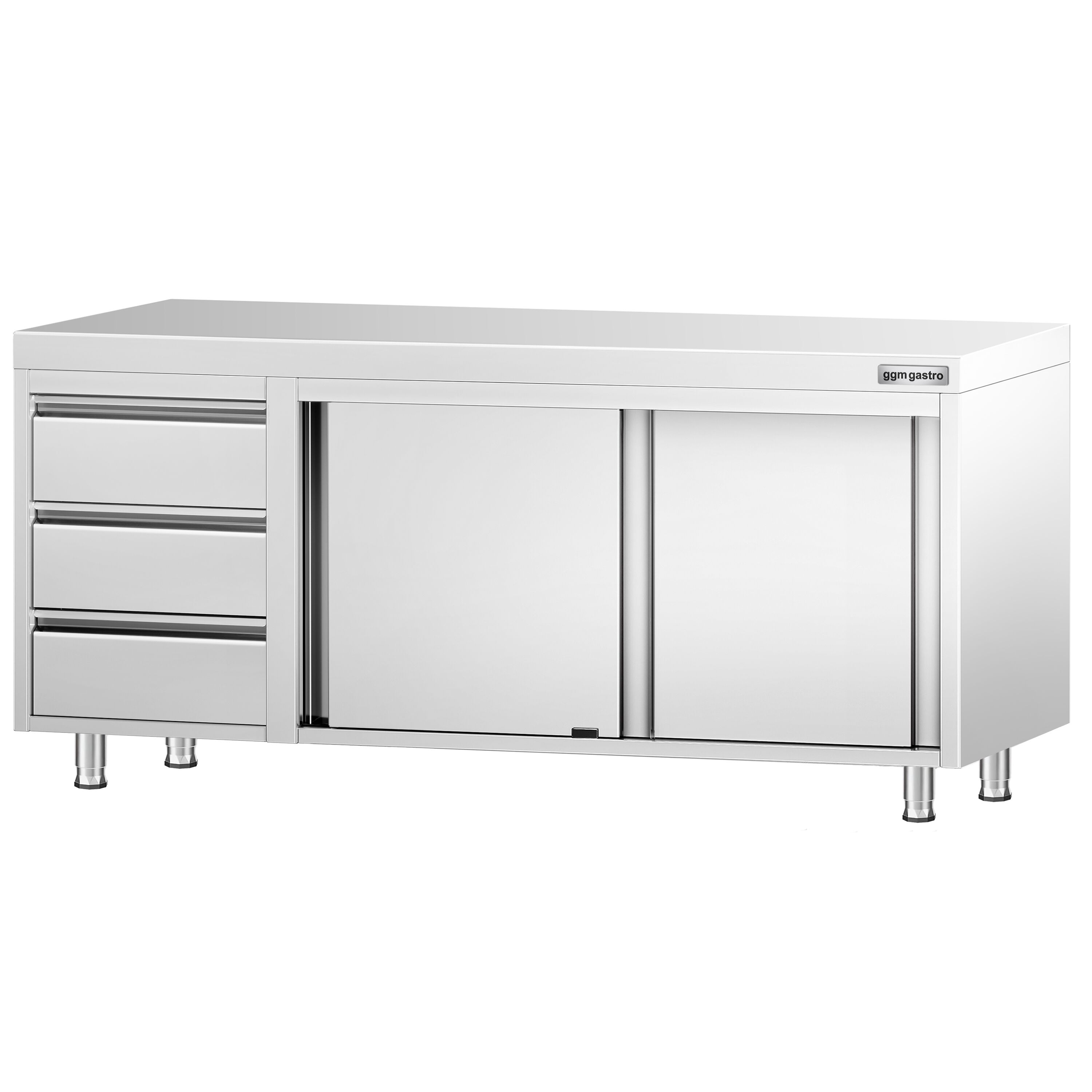 Table armoire en acier inoxydable PREMIUM - 2000x700mm - avec portes coulissantes et 3 tiroirs à gauche