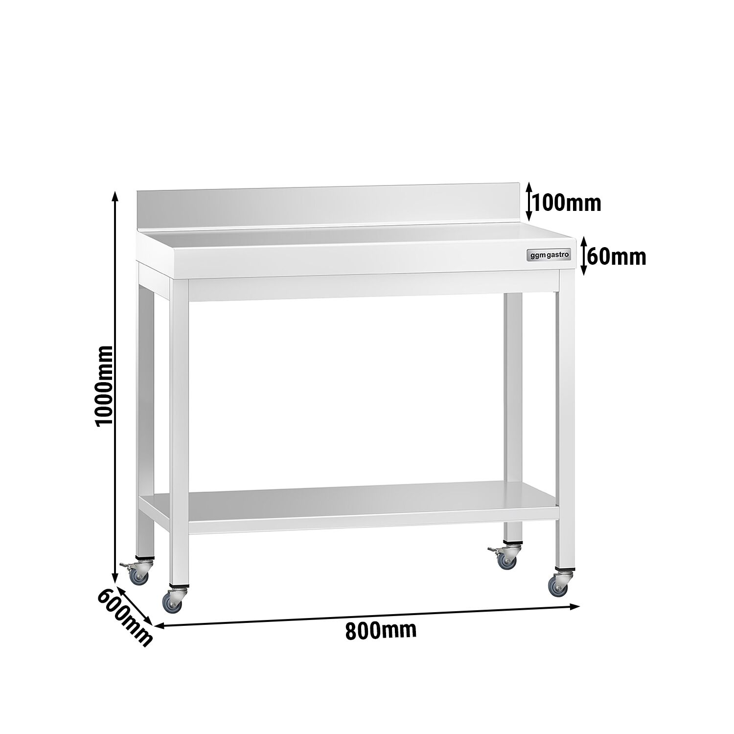 Table de travail en inox PREMIUM - 800 x 600 mm - avec tablette inférieure, dosseret et roulettes