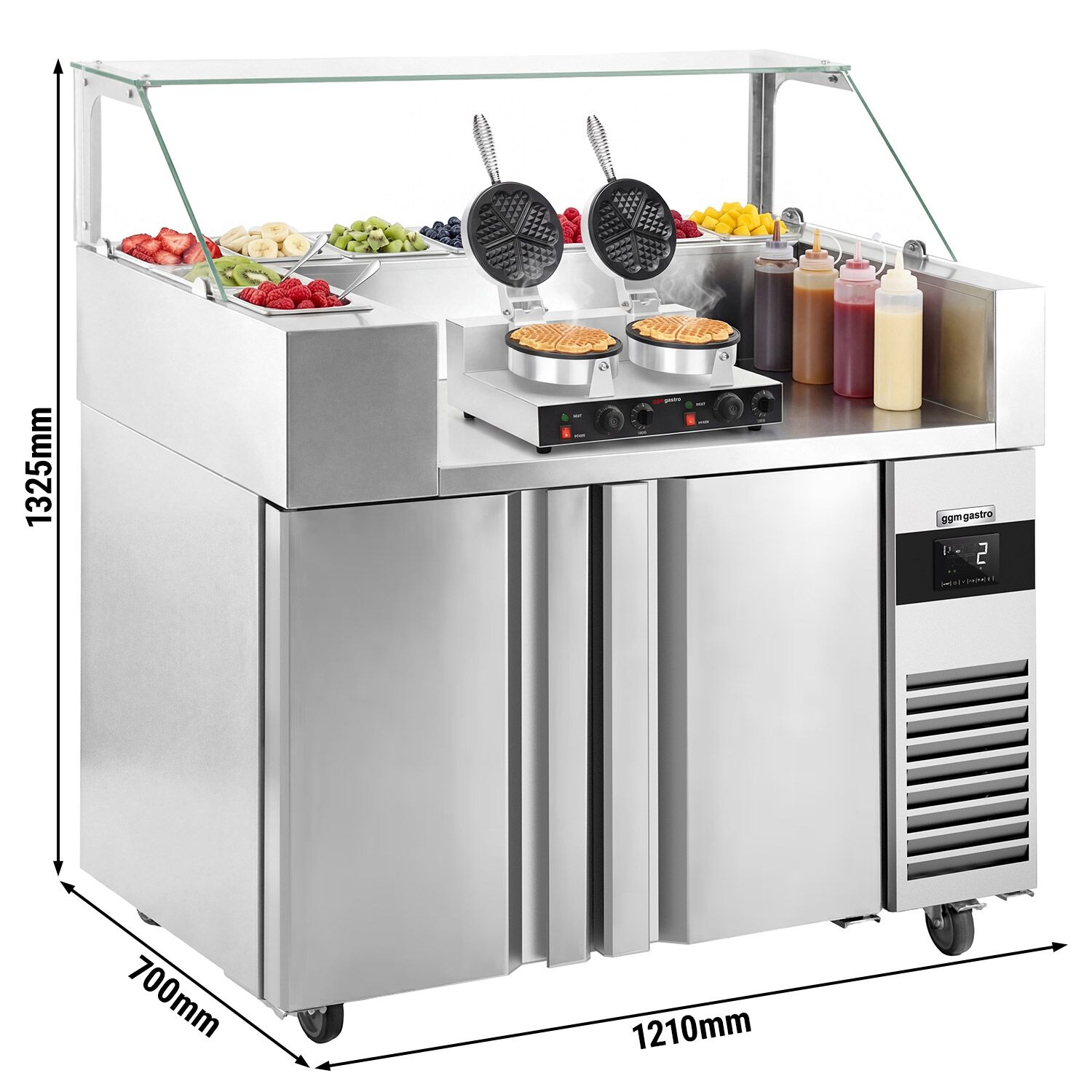 Table de préparation – 1210 mm – 2 portes – pour 9× GN 1/6 – incl. Gaufrier – Forme cœur