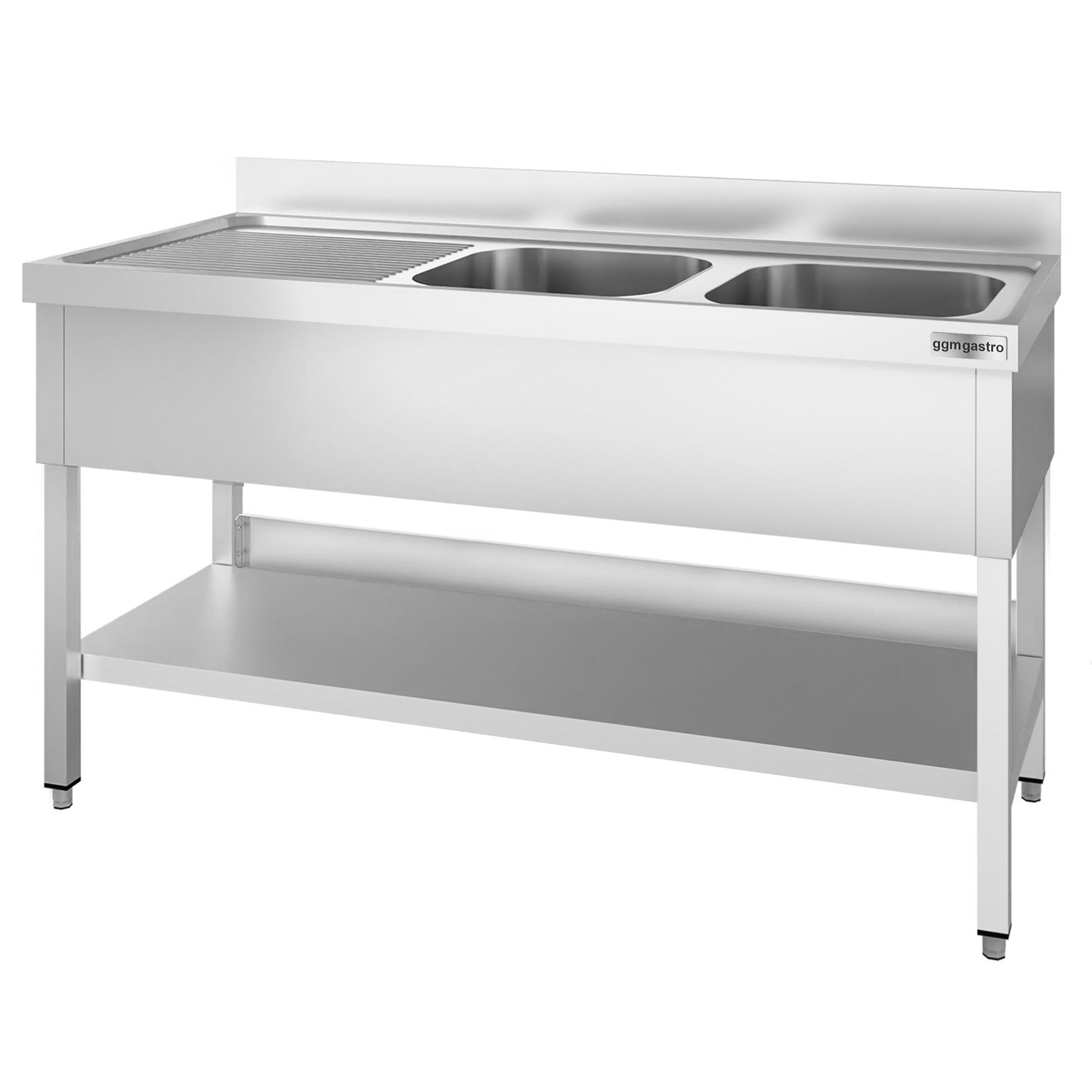 Plonge en inox PREMIUM - 1400x600mm - avec étagère basse - 2 bacs à droite