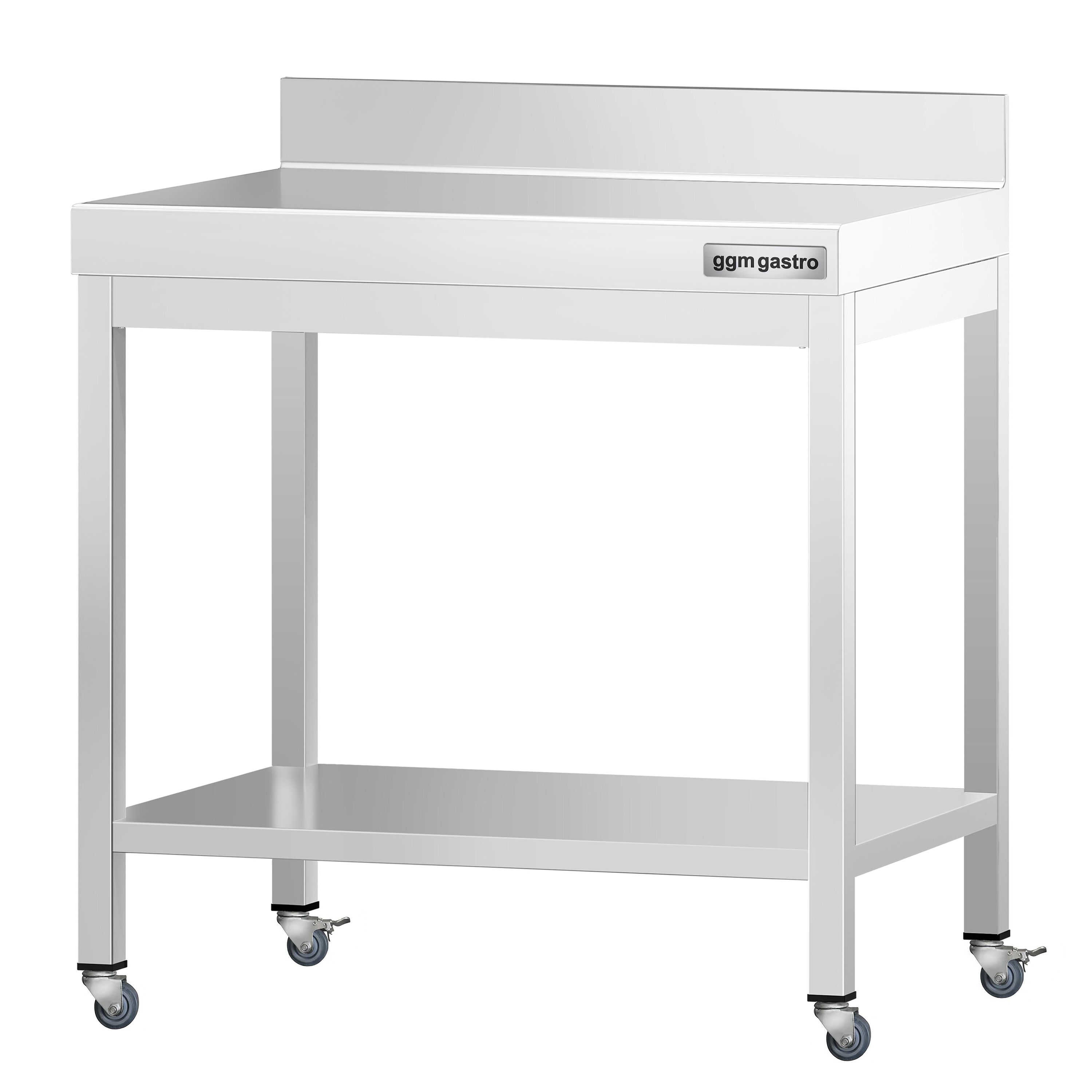 Table de travail en inox PREMIUM - 600 x 600 mm - avec tablette inférieure, dosseret et roulettes
