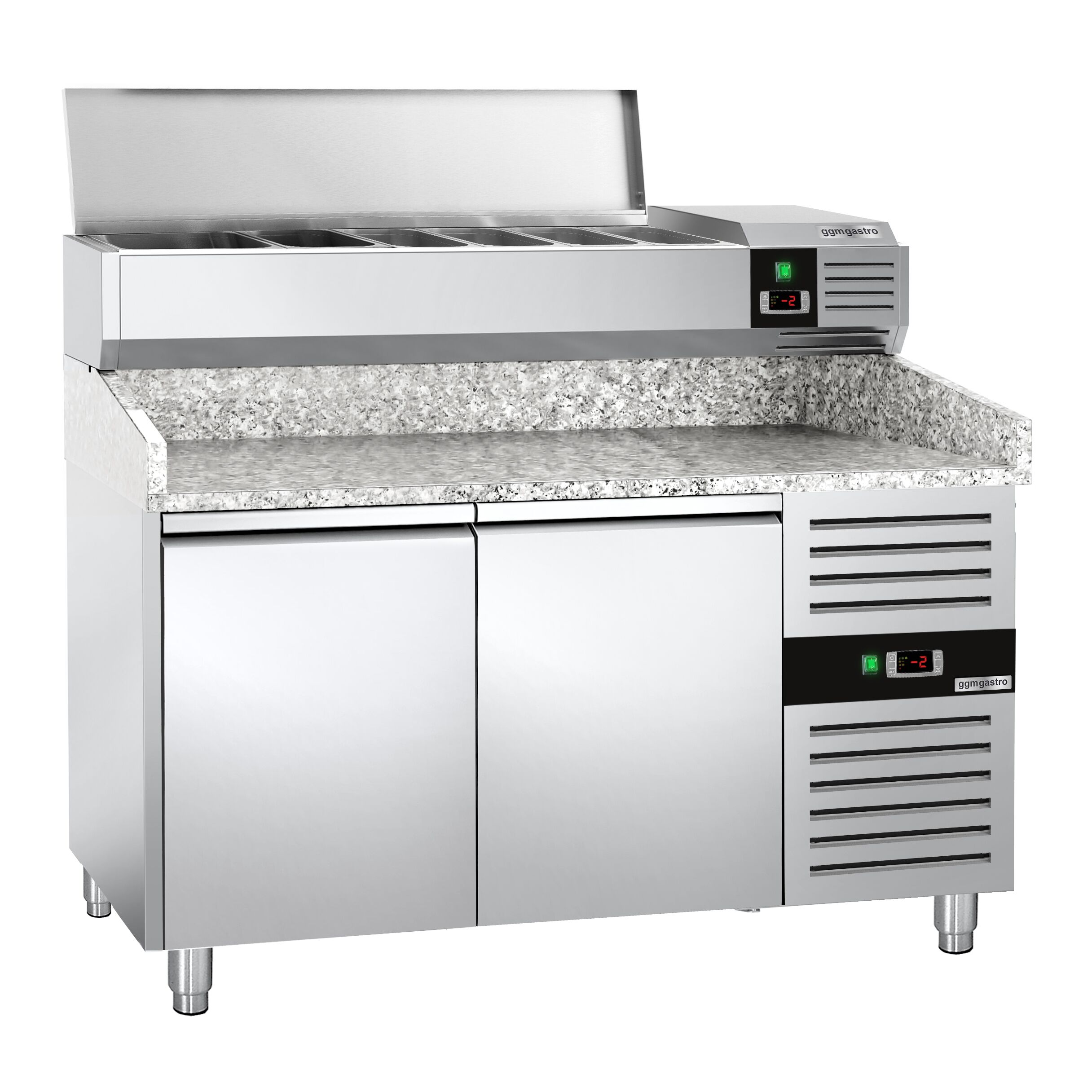 Table réfrigérée à pizza PREMIUM - 1500 x 800 mm - avec 2 portes - incl. vitrine réfrigérée - 7 x GN 1/4