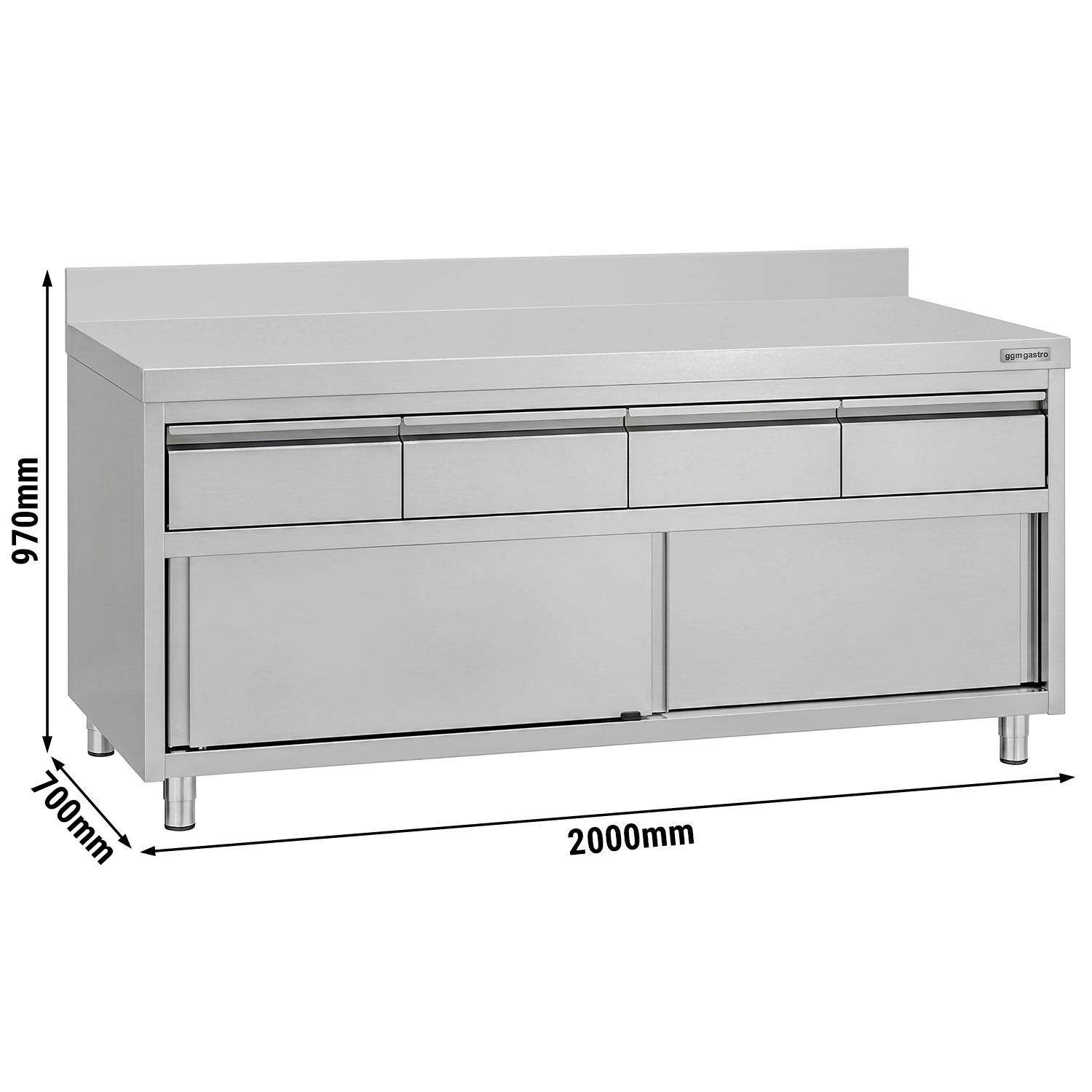 Stainless Steel Floor Cupboard ECO – 2000 x 700 mm – with raised edge – with 4 drawers & sliding door