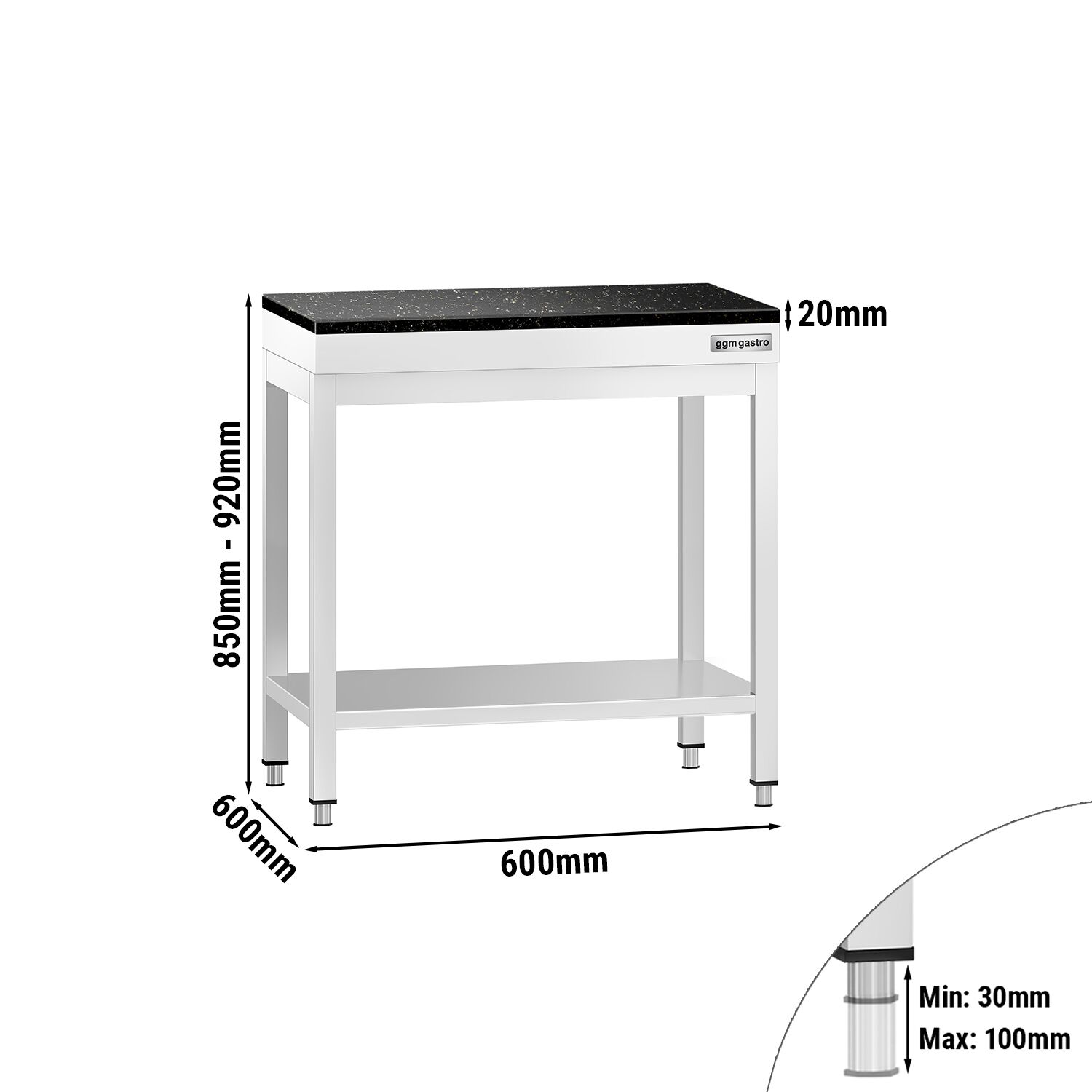 Table de travail inox PREMIUM - 600 x 600 mm - avec tablette inférieure - incl. Plan de travail en Granit
