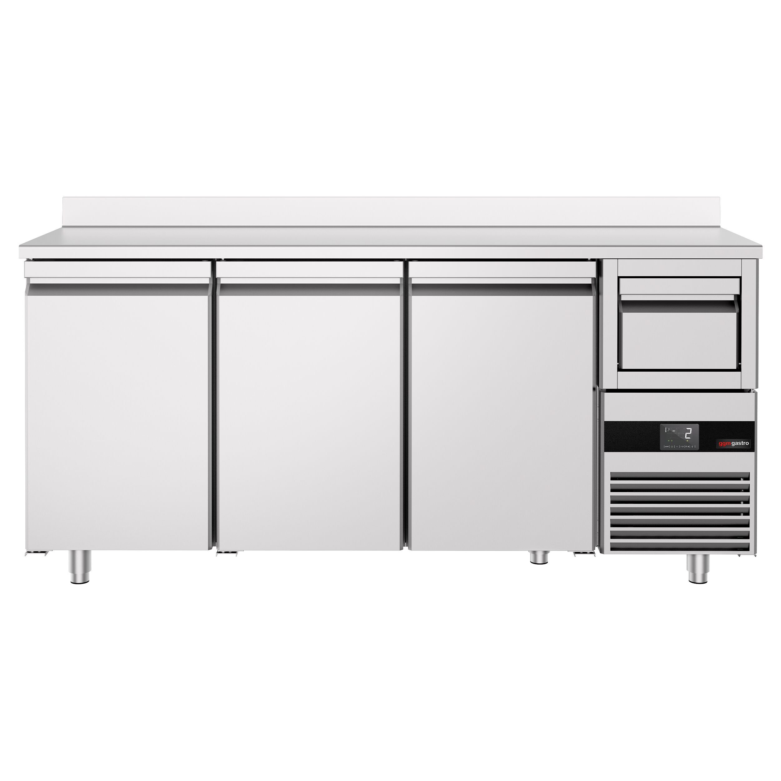 Arrière-bar réfrigéré professionnel  PREMIUM - 2130 x 600 mm - avec 3 portes - avec dosseret - avec tiroir à marc de café