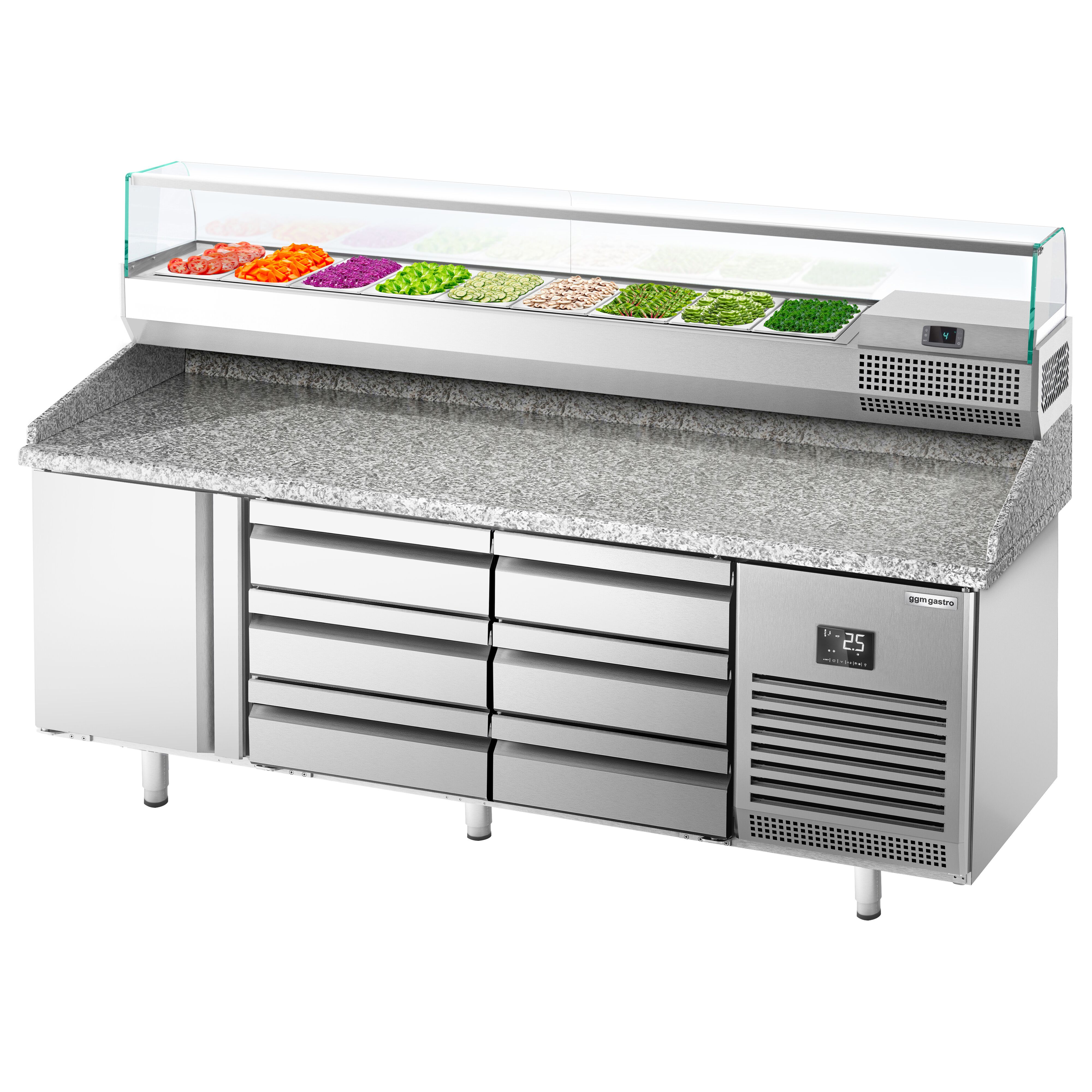 Table réfrigérée à pizza Premium PLUS - 1980x700 mm - avec 1 porte & 6 tiroirs - incl. vitrine réfrigérée - 9x GN 1/4