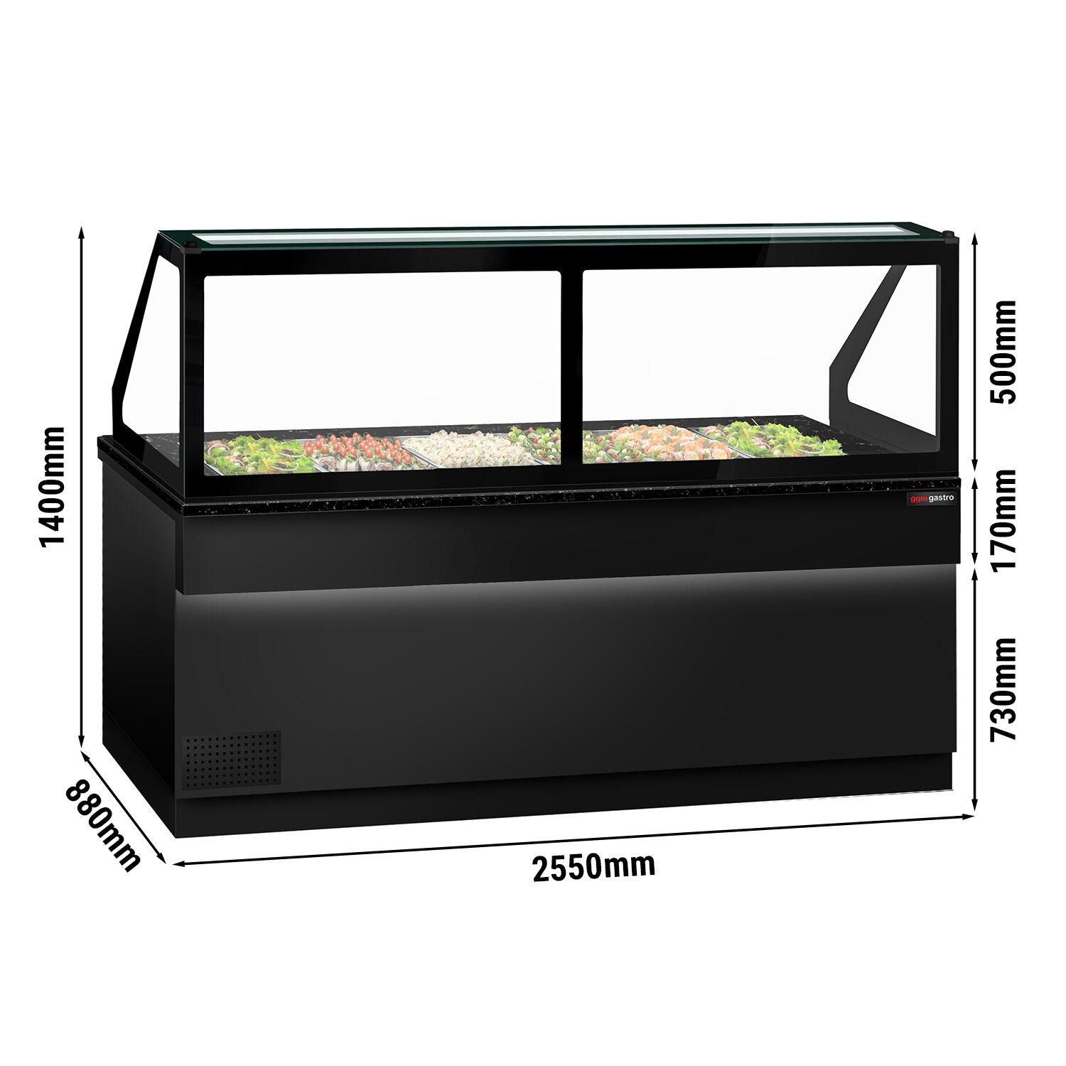 Saladette réfrigérée TORONTO - 2550 mm - Façade noire - 4 portes - Pour 6x GN 1/1 - Plateau de travail en granit noir