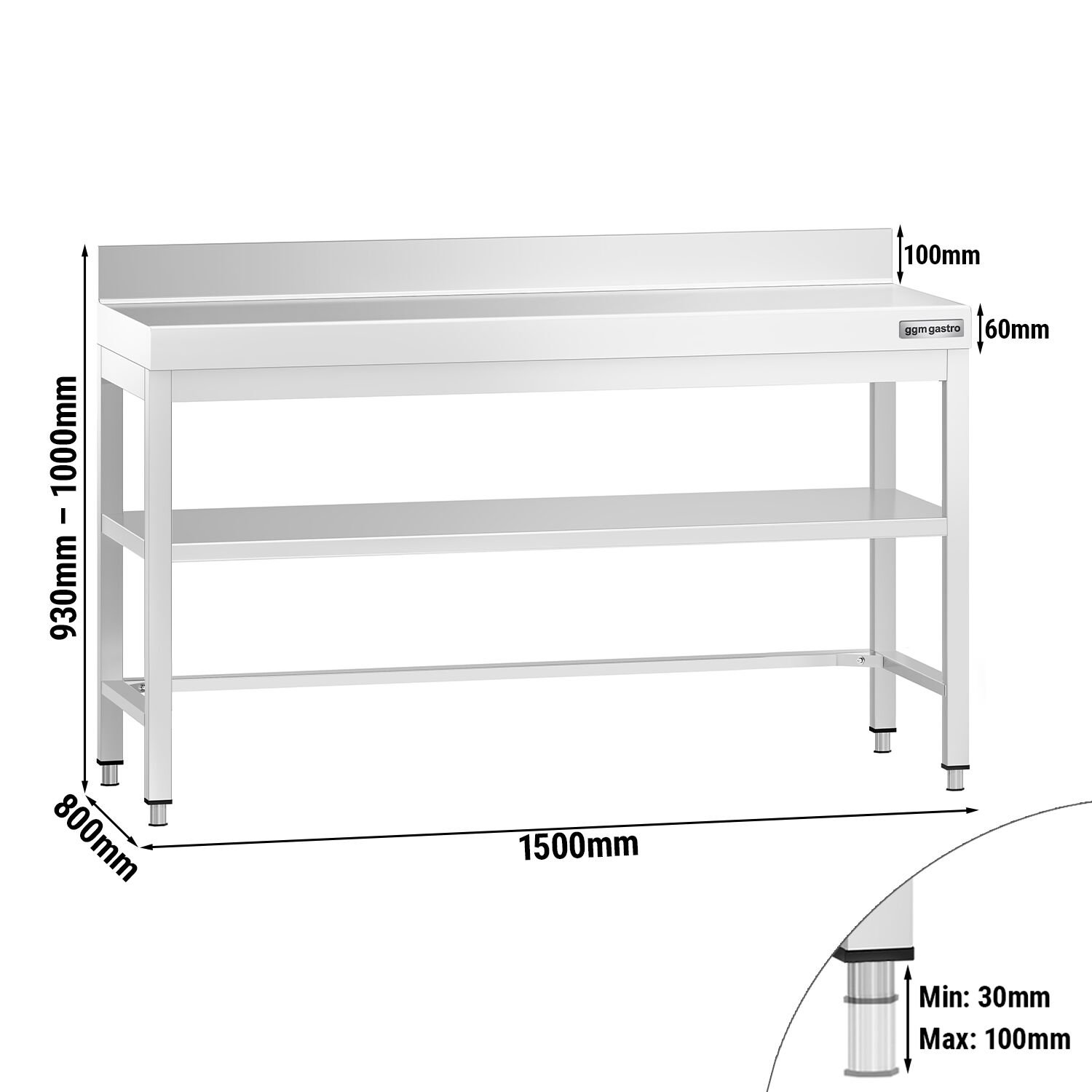 Table de travail inox PREMIUM - 1500 x 800 mm - avec tablette inférieure, Dosseret & Renforts