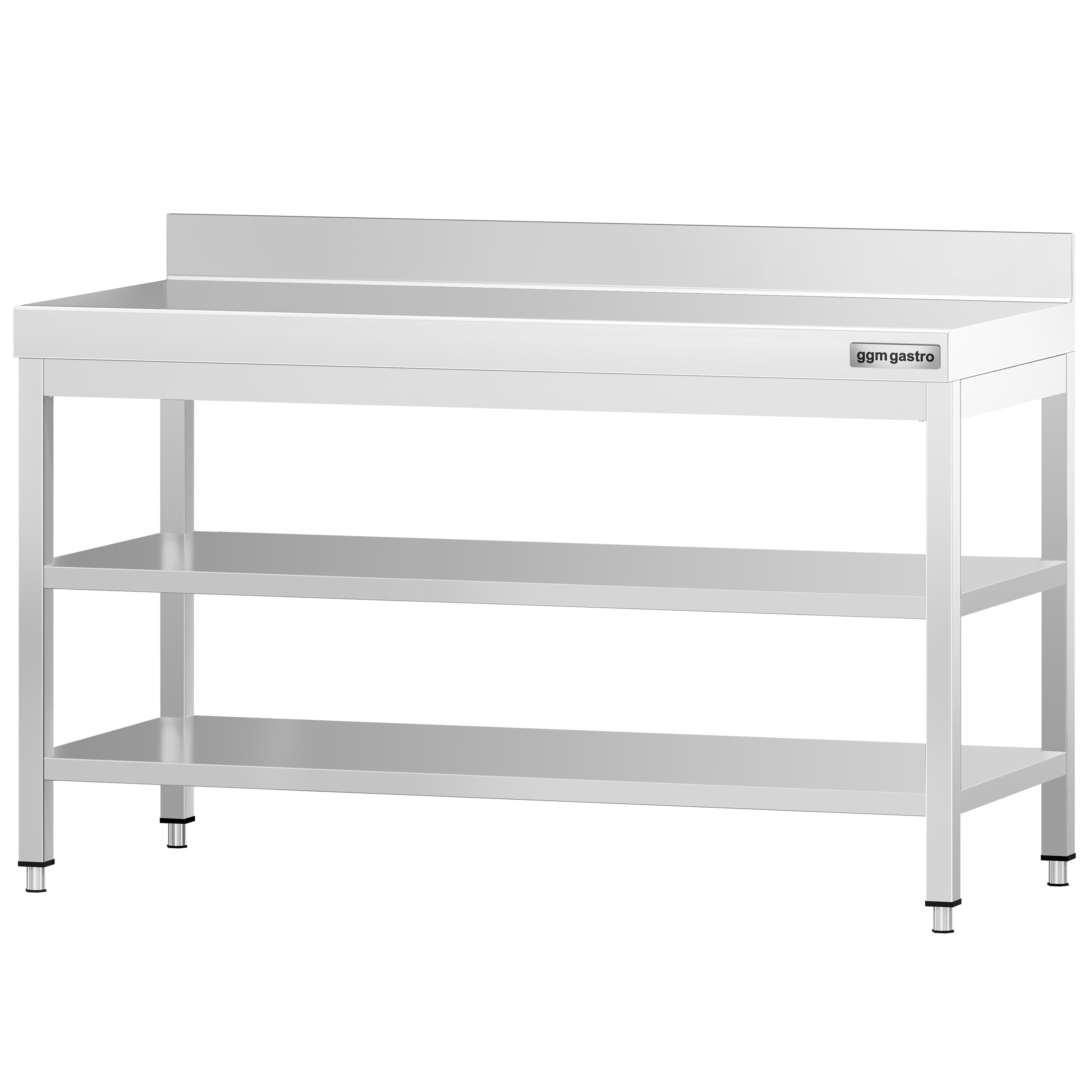 Table de travail inox PREMIUM - 1500 x 700 mm - avec tablette inférieure, Dosseret & Tablette intermédiaire