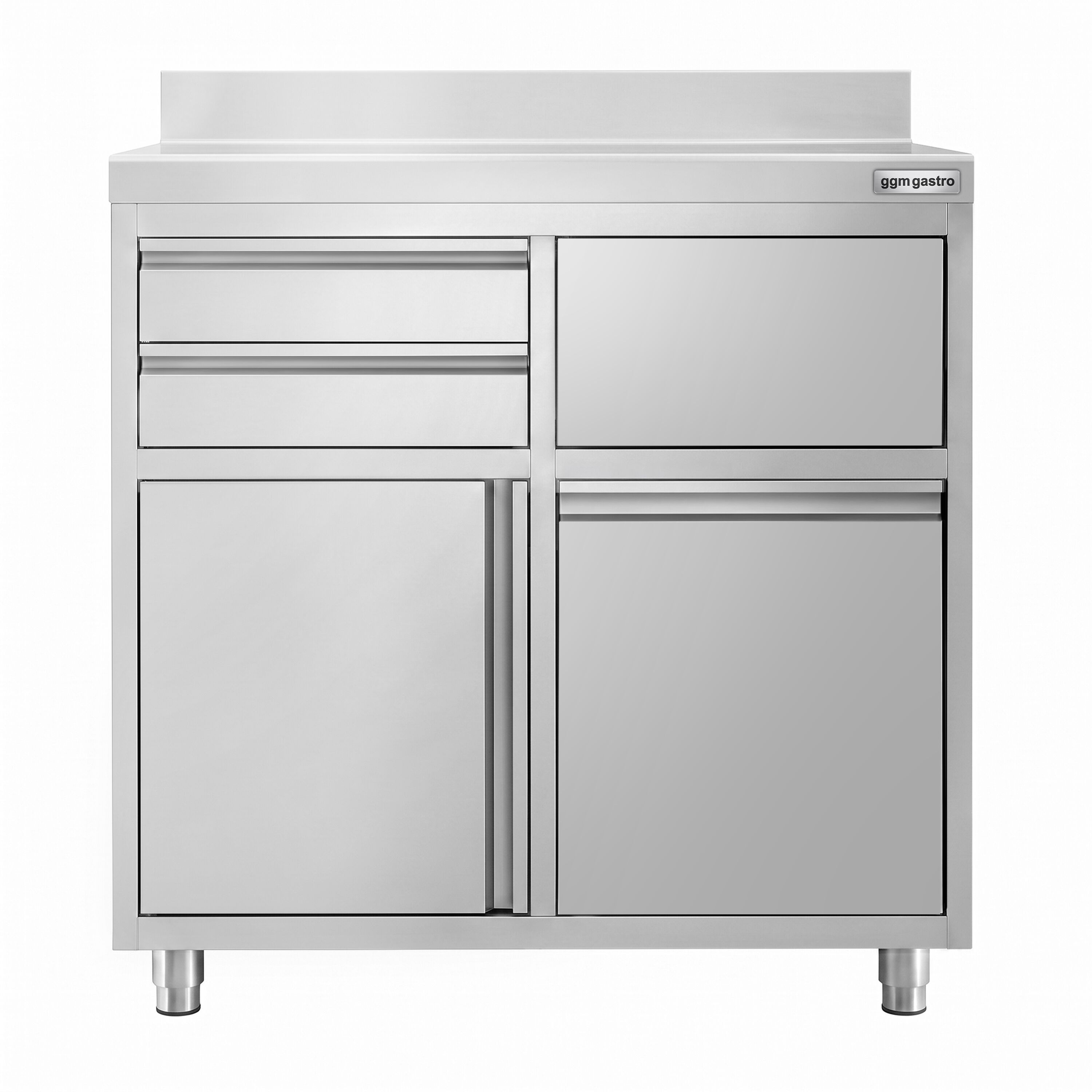 Arbetsskåp – för kaffebryggare – 1000 x 600 mm – med 1 svängdörr, 2 lådor, papperskorg och upphöjd kant