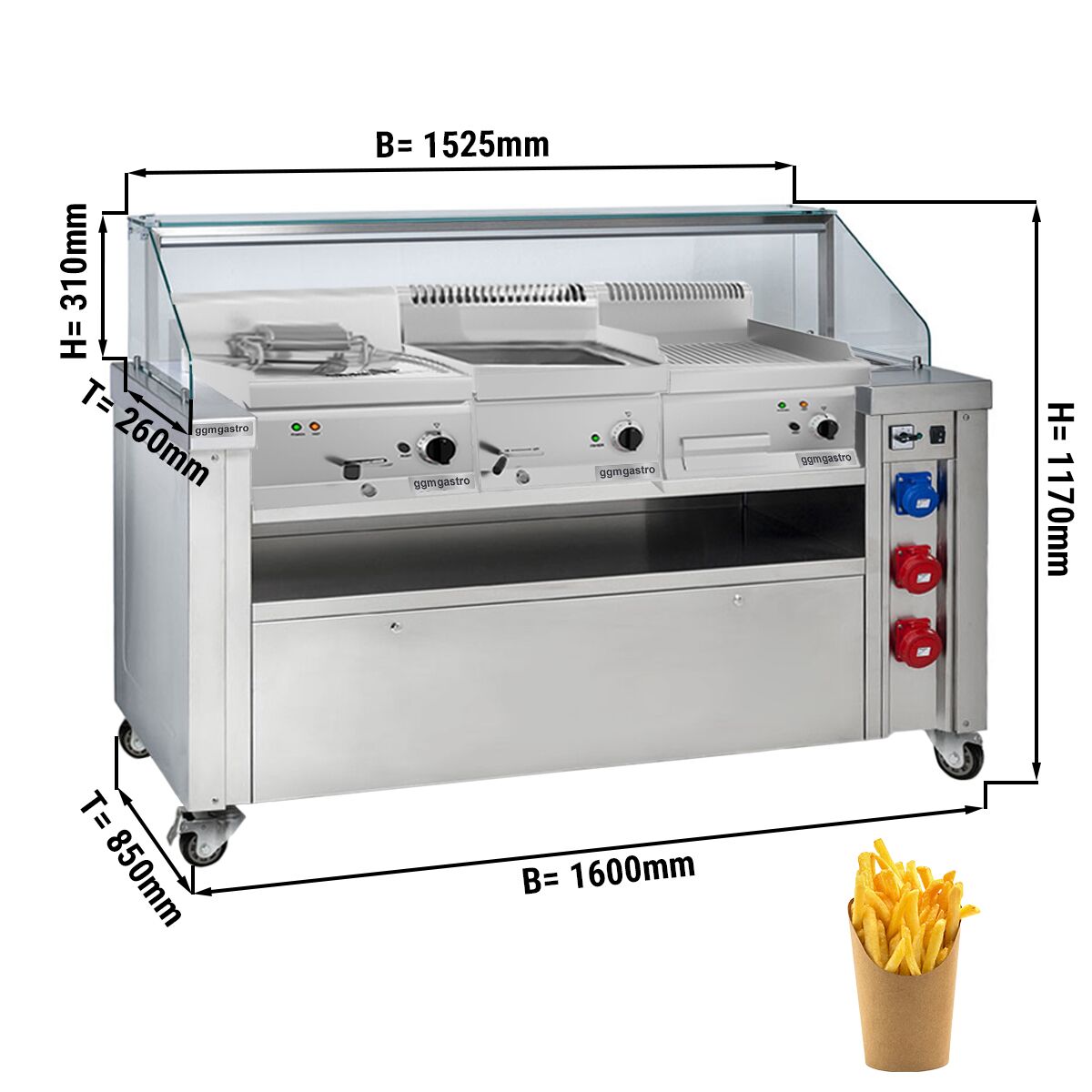 Station de cuisson mobile - 1600 x 850 mm - Hauteur : 1170 mm - incl. friteuse, plaque de cuisson & bain-marie