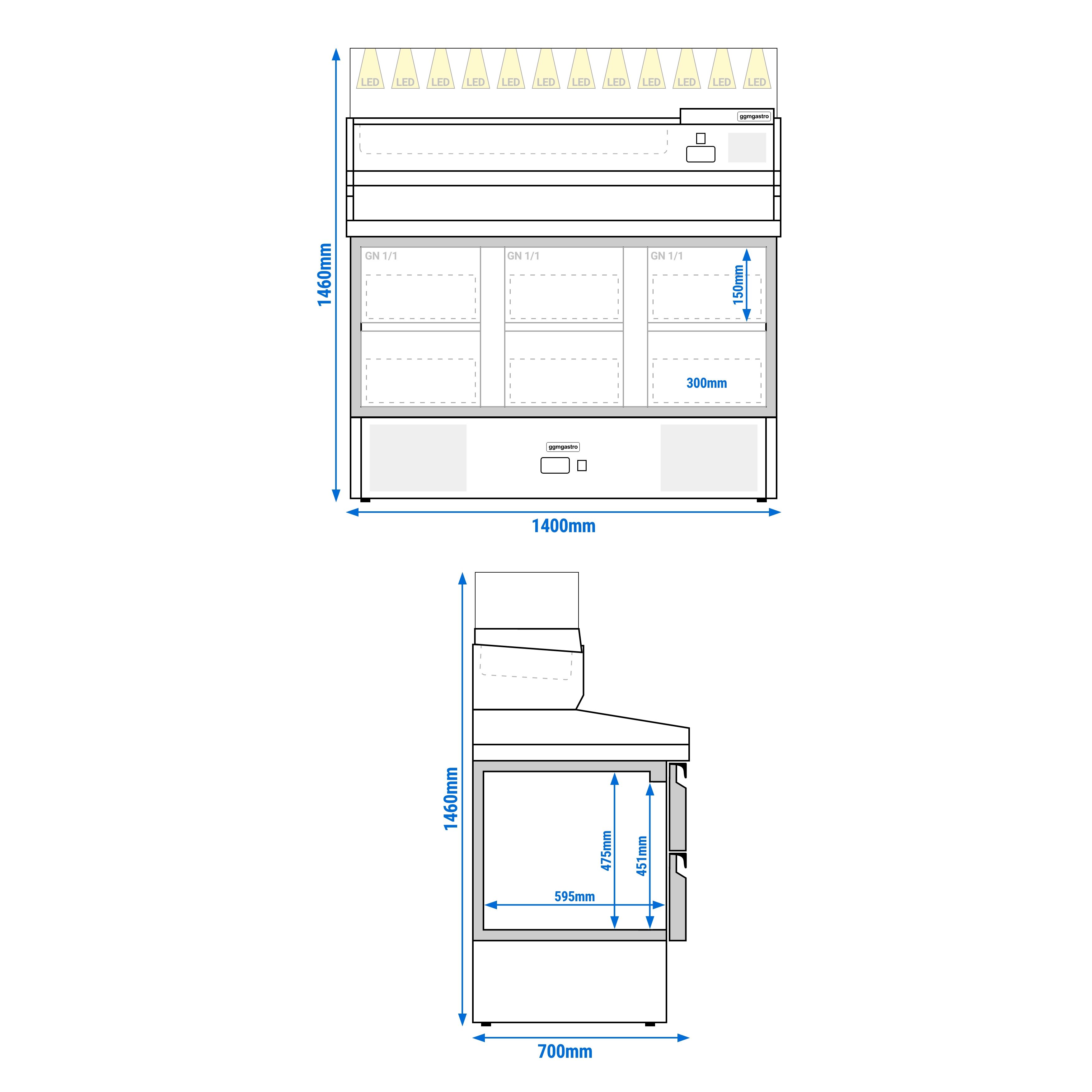 Table réfrigérée à pizza ECO - 1400 x 700 mm - avec 6 tiroirs 1/2 - incl. vitrine réfrigérée 6 x GN 1/4
