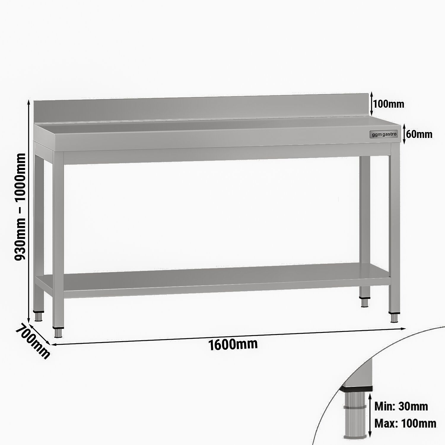 Table de travail en inox ECO – 1600 × 700 mm – avec tablette inférieure & dosseret