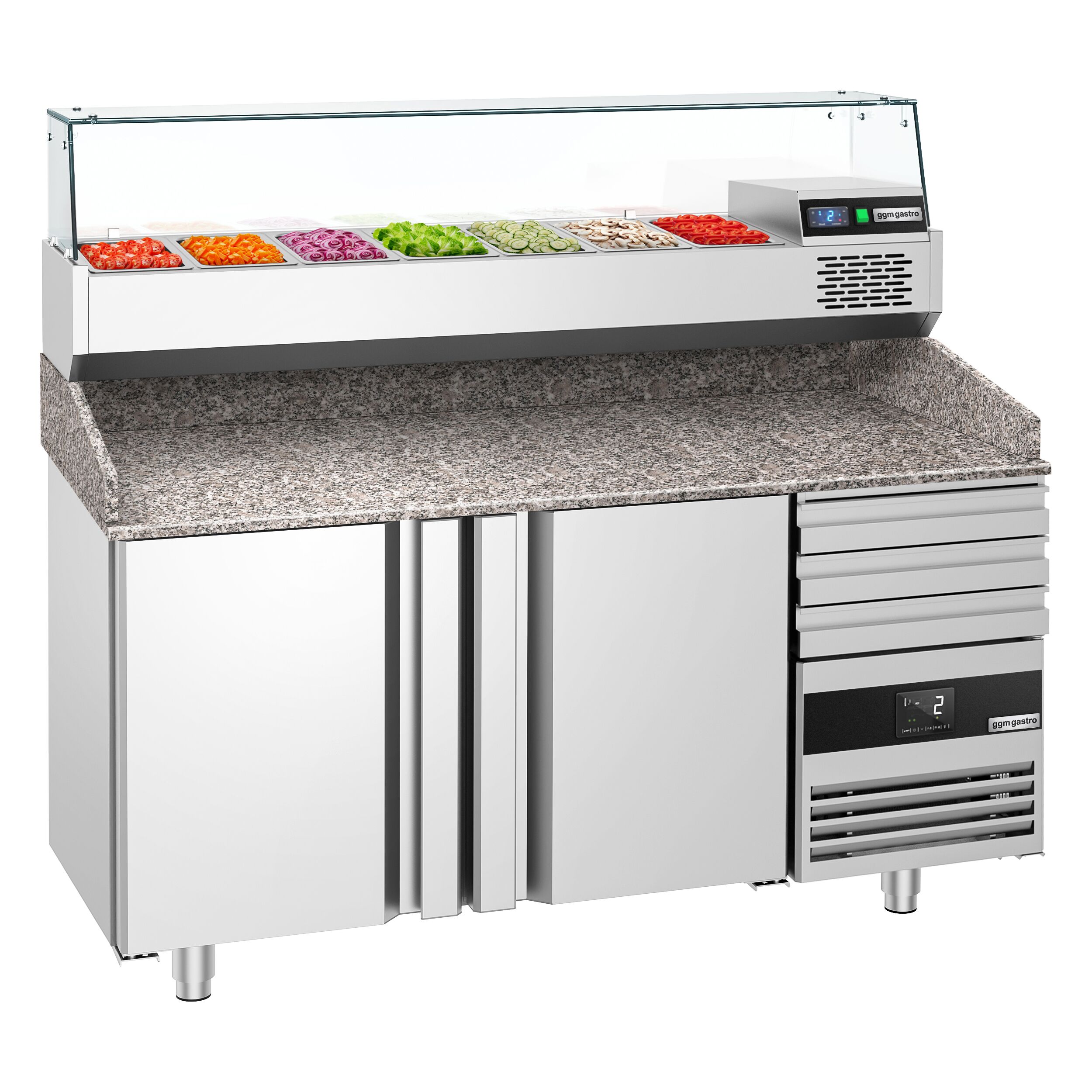 Table réfrigérée à pizza PREMIUM - 1600x800 mm - avec 2 portes & 3 tiroirs - incl. vitrine réfrigérée - 6x GN 1/3
