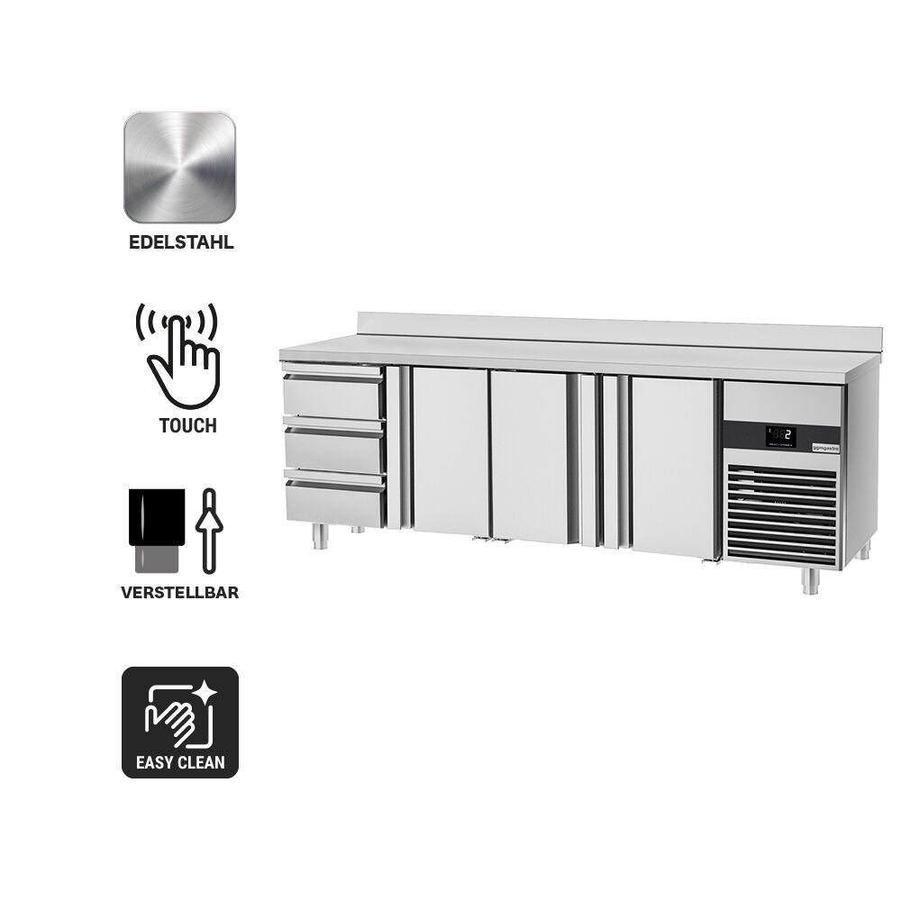 Commercial Refrigerated Worktable PREMIUM - 2330x700 - 3 Doors - 3 Drawers - Upstand