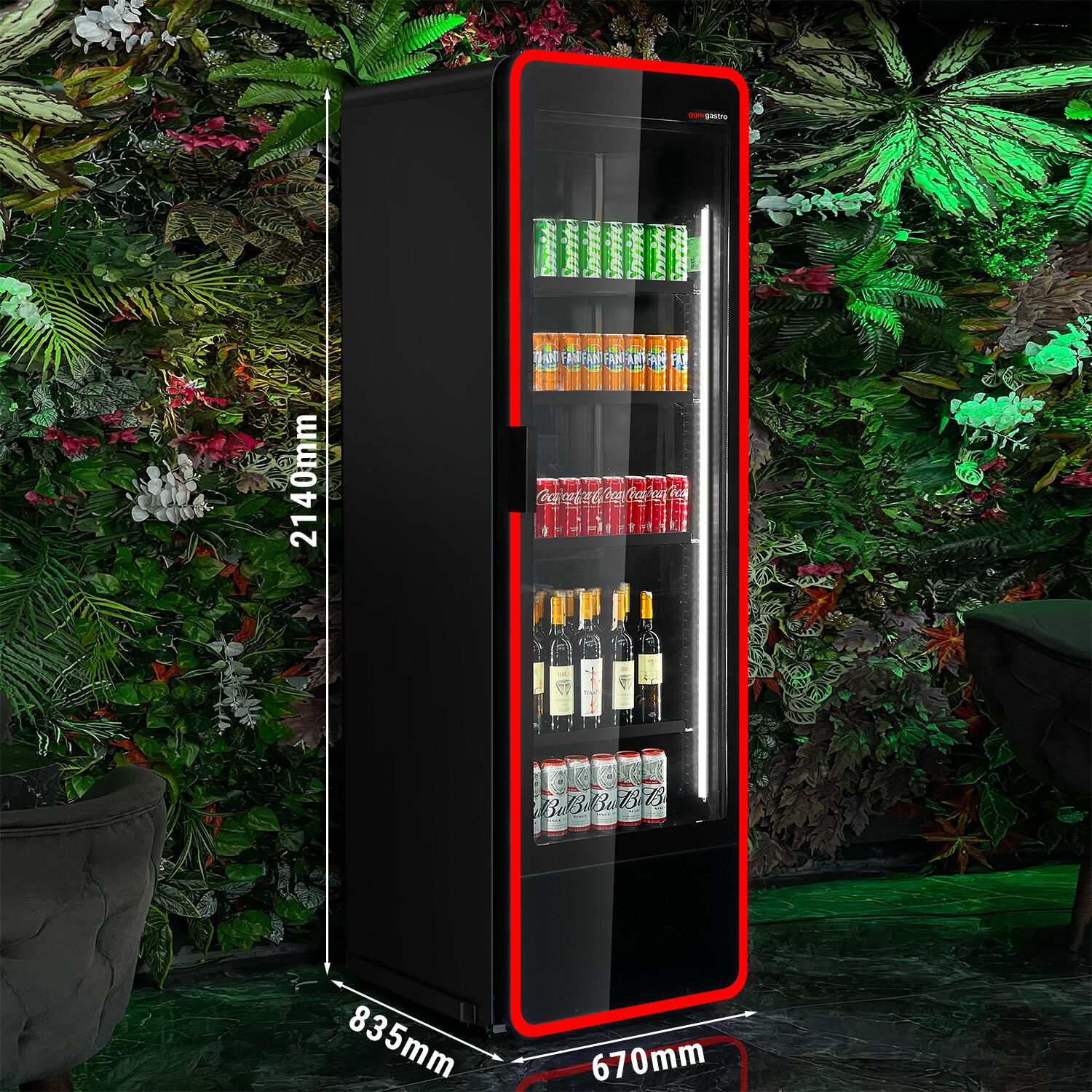 Commercial Beverage Display Fridge - 670mm - 550 Litres - 1 hinged glass door - LED lighting - Temperature range 1 to 7 °C - Black