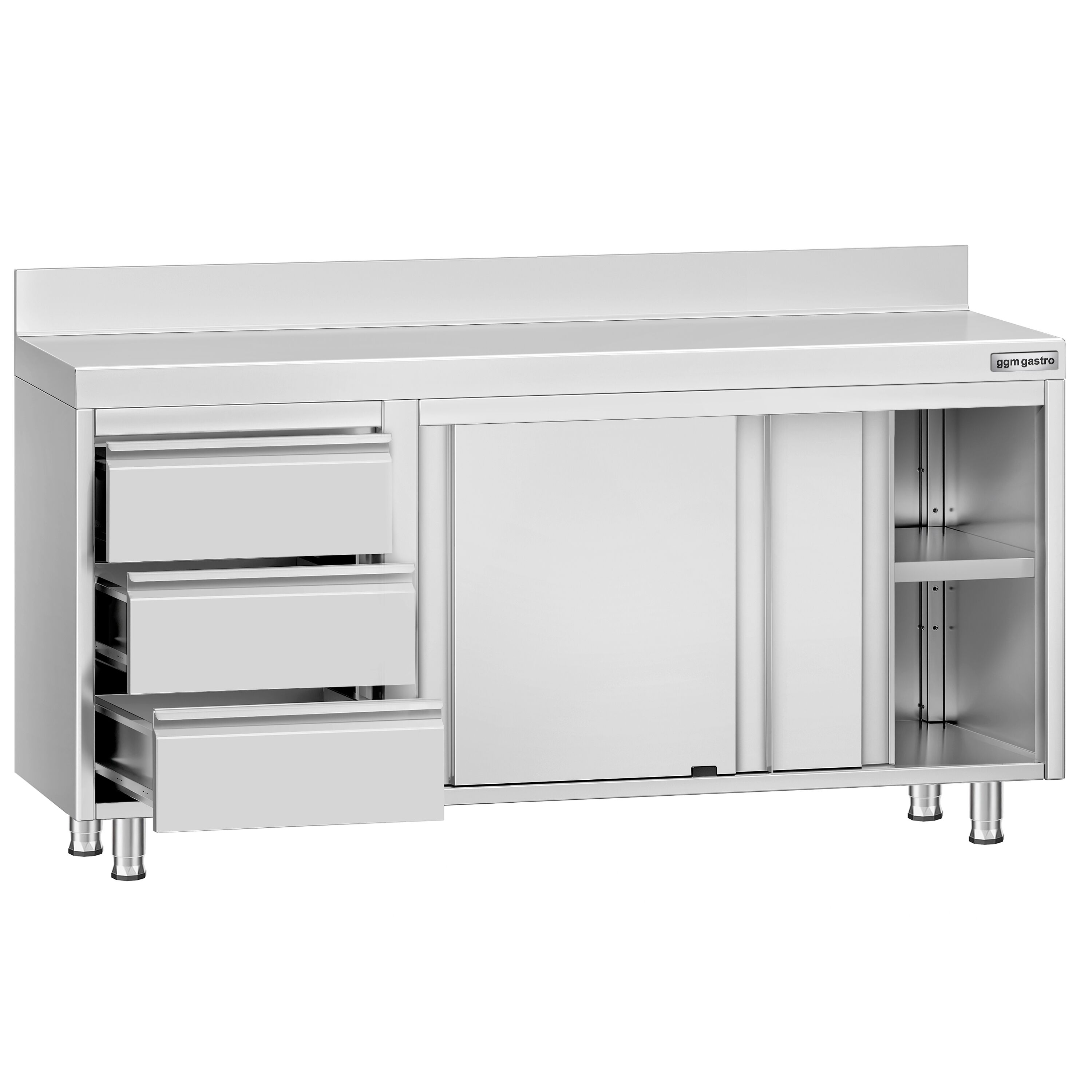 Table armoire en acier inoxydable ECO - 1600x600mm - avec 3 tiroirs à gauche et portes coulissantes - avec dosseret