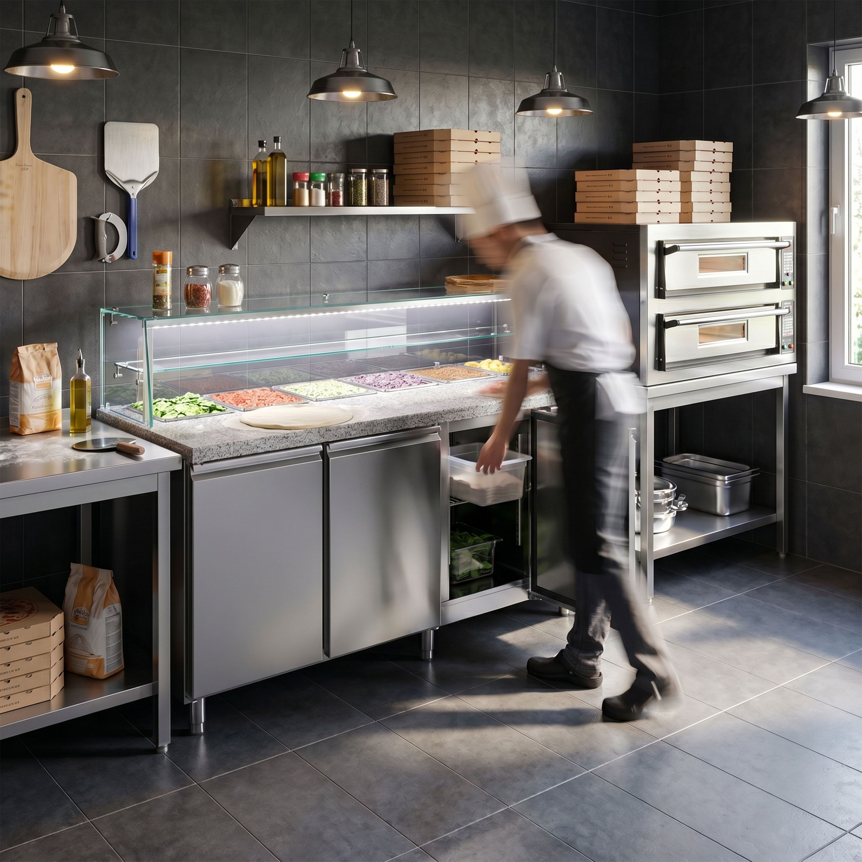 Saladette PREMIUM - 2020mm - 3 deuren - met glazen opzetvitrine voor 5x GN 1/1 & 1x GN 2/4 - granieten werkblad