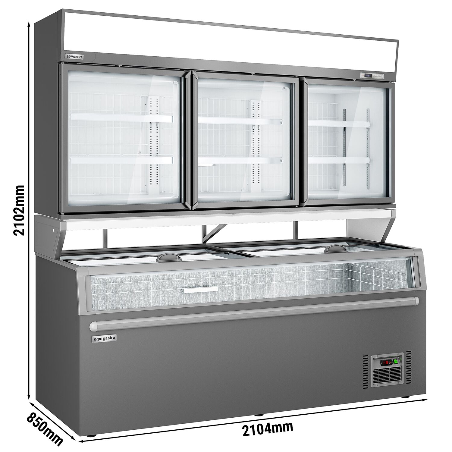 Vitrine murale de congélation pour supermarché - 3 portes - avec îlot de congélation inclus - Gris