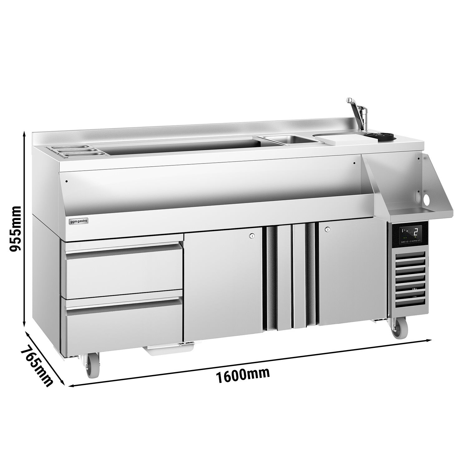 Kylmäpöytä – cocktail-asema - 1600 mm - 235 l - 2 ovea, 2 vetolaatikkoa & 230 V pistorasia