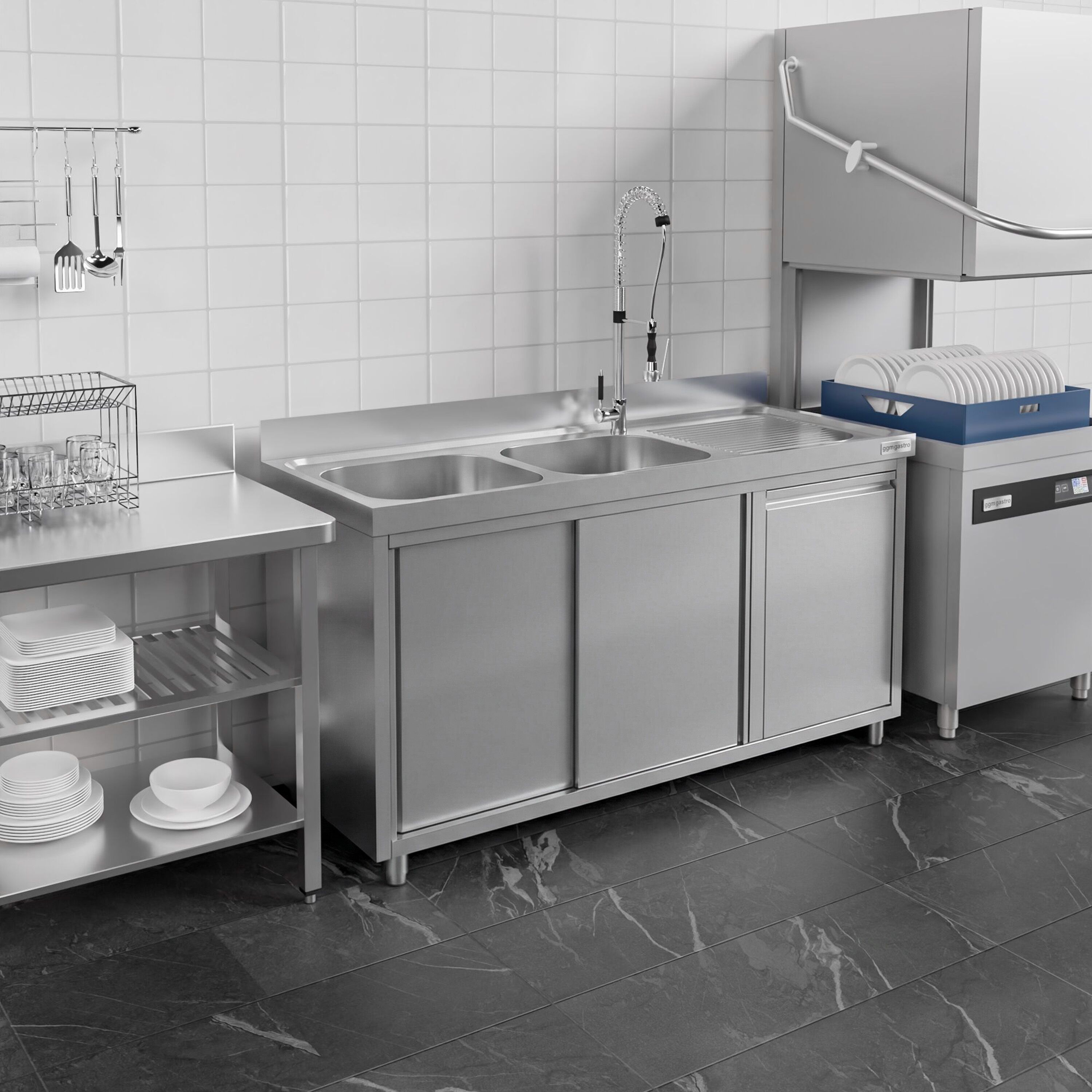 Meuble évier ECO - 2000 x 600 mm - avec poubelle & 2 bacs à gauche
