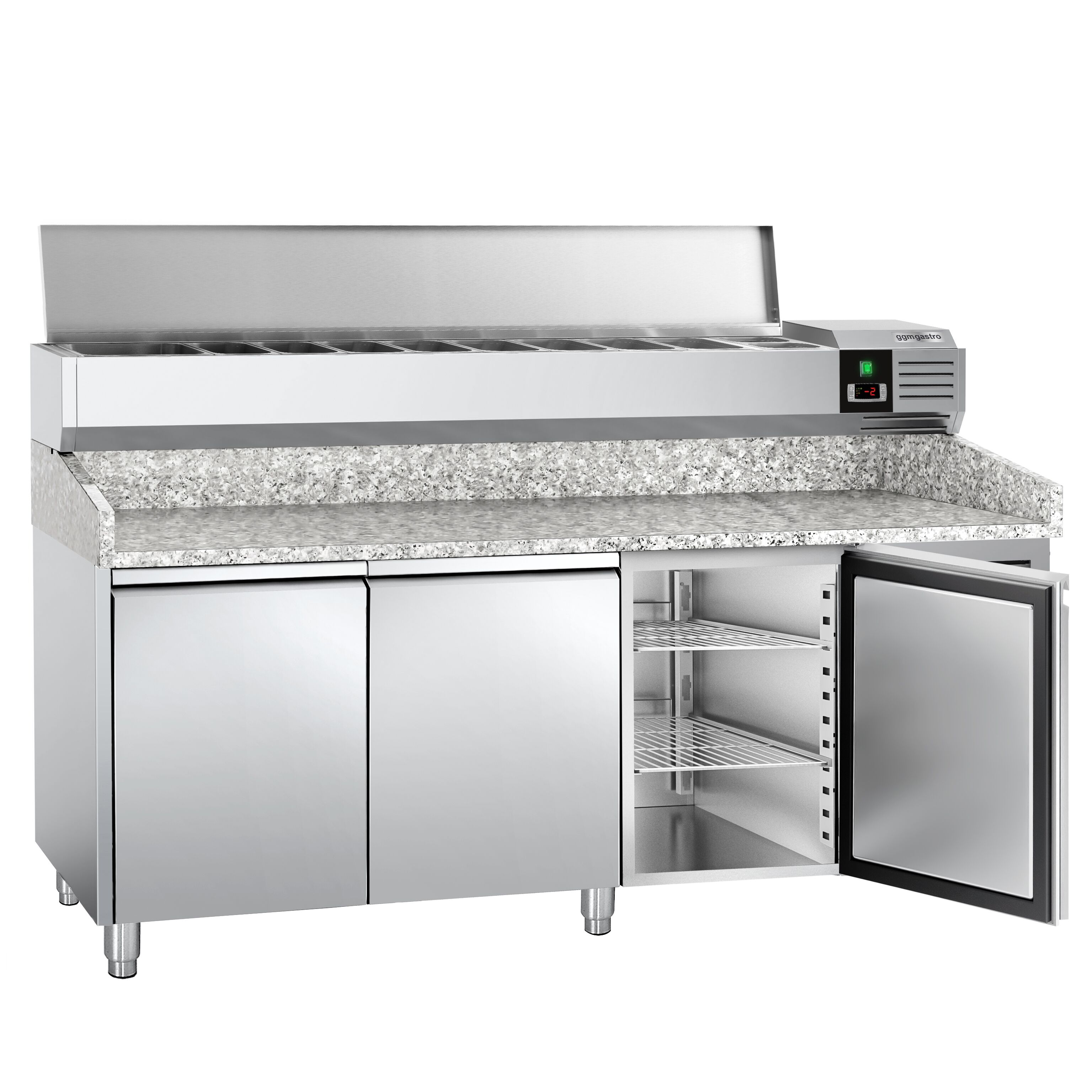Table réfrigérée à pizza PREMIUM - 2000 x 800 mm - avec 3 portes - incl. vitrine réfrigérée - 9 x GN 1/3